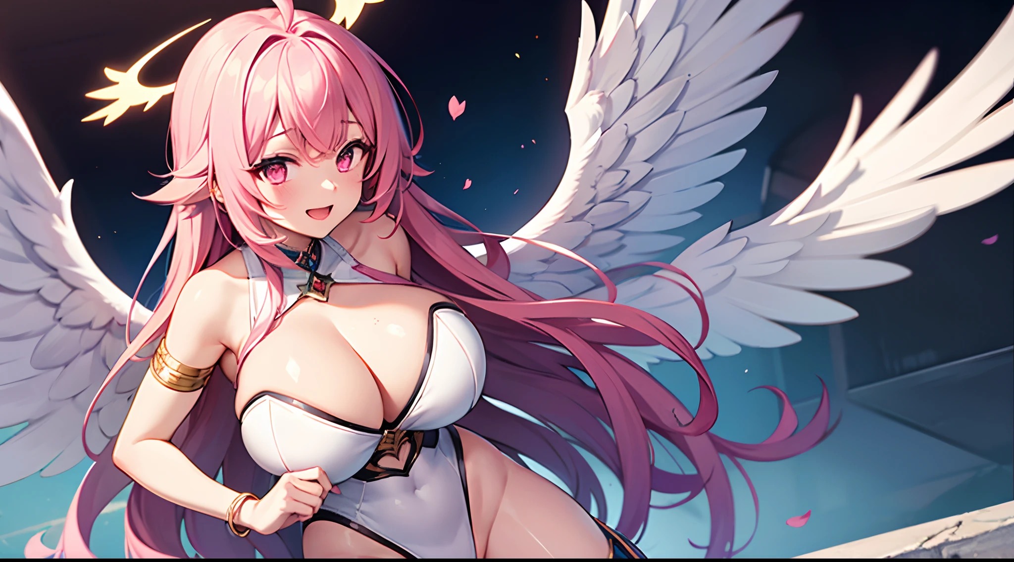 1 girl, game CG, 1 girl, game CG, see-through white leotard, cleavage visible, angel halo, angel wings, bangles, gigantic breasts, pink hair, long hair, straight hair, ahoge, pink eyes,happy, dynamic ,Bloom,