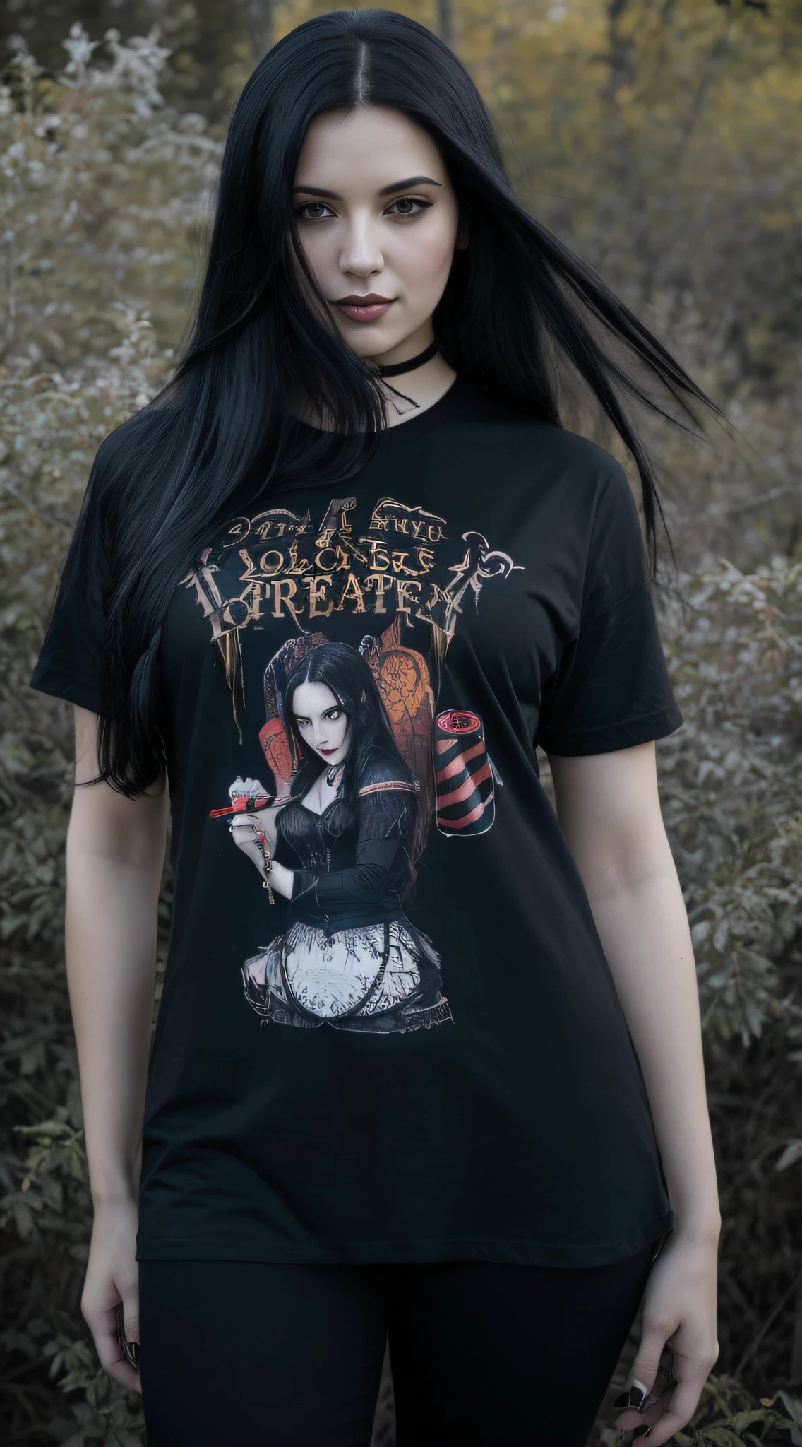 a beautiful tan Latina woman with blue eyes; glossy skin; long brown hair with blonde highlights; glossy lips; piercings; tattoos and long lashes wearing a shirt with a skull saying “would rather kill you” with black spiked biker shorts at a haunted pumpkin patch; sitting on a haystack;