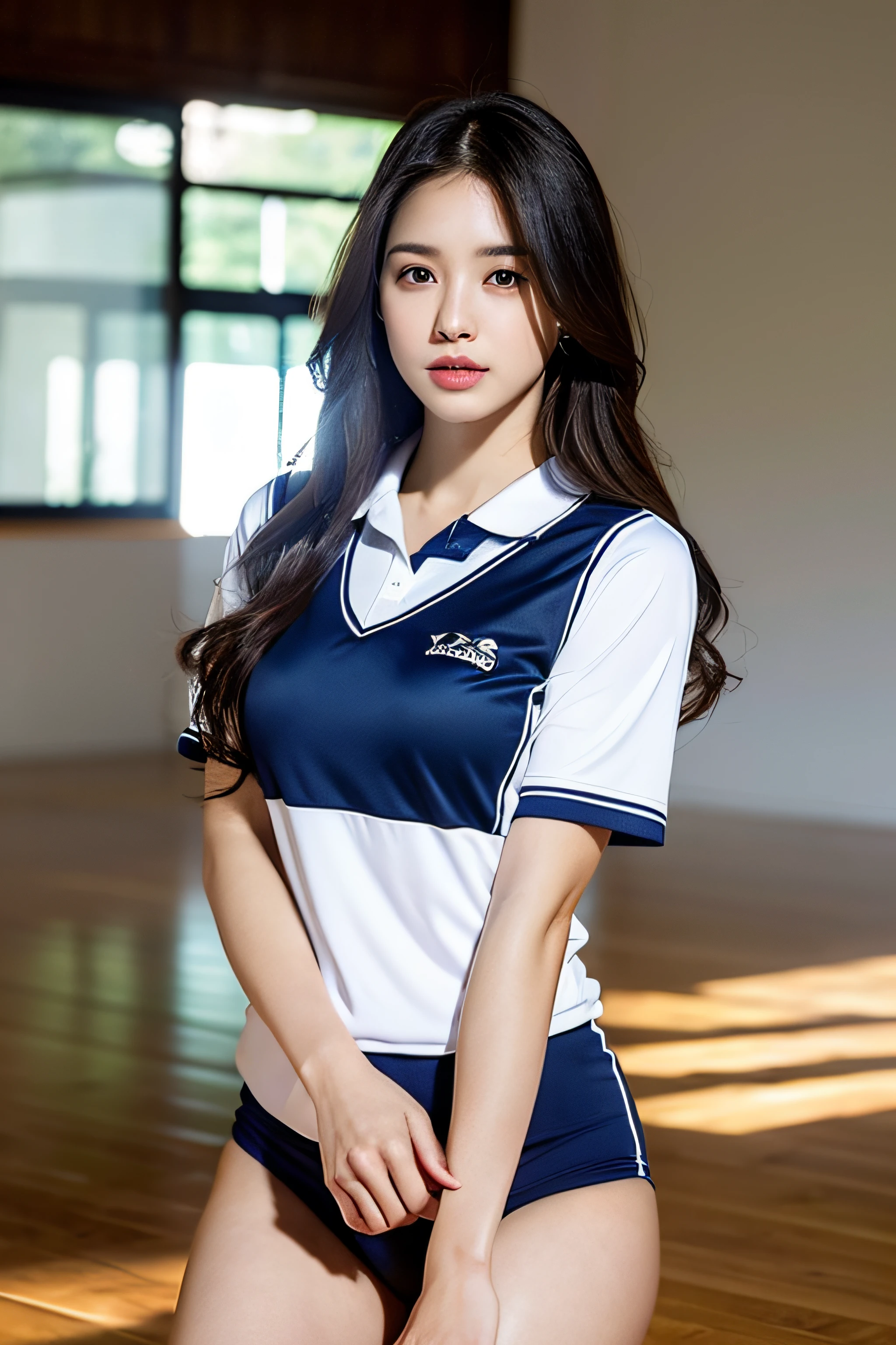 (Photoreal: 1.4), (Hyper-realistic: 1.4), (Realistic: 1.3), (Smooth lighting: 1.05), (Improved Cinematic Lighting: 0.9), 32K, 1 girl, 20 year old girl, Realistic lighting, Backlight, Face light, Ray traching, (Whitening Light: 1.2), (Image Enhancement: 1.4), ( Top Quality Real Skins: 1.4), Narrow eyes, Fine face, Narrow eyes, (increase in mood of body line: 1.1), Oversized breasts, , (Skin texture enhances beauty: 1.1),Volleyball uniform:1.4, indoor_Volleyball_Court_Background:1.4, thighs thighs thighs thighs, Protruding , Crotch