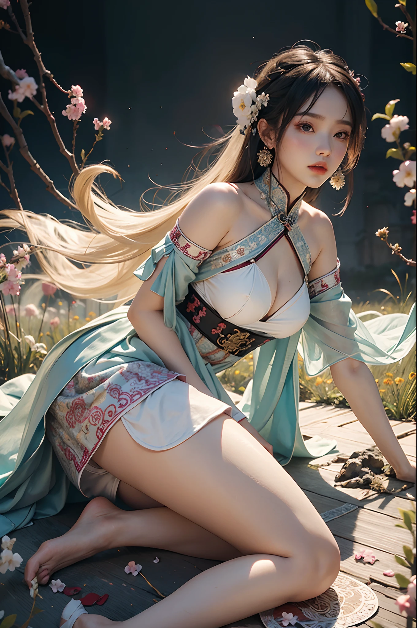zhongfenghua, 1girl, (full body) solo, hanfu, flower field, blossom, (white smokes:1.3) (photorealistic:1.4), zentangle, mandala, entangle, official art, unity 8k wallpaper, ultra detailed, beautiful and aesthetic, masterpiece,best quality, (dynamic angle:1.4), glowing skin, (floating colorful sparkles:1) the most beautiful form of chaos, elegant, a brutalist designed, vivid colours, romanticism depth of field,