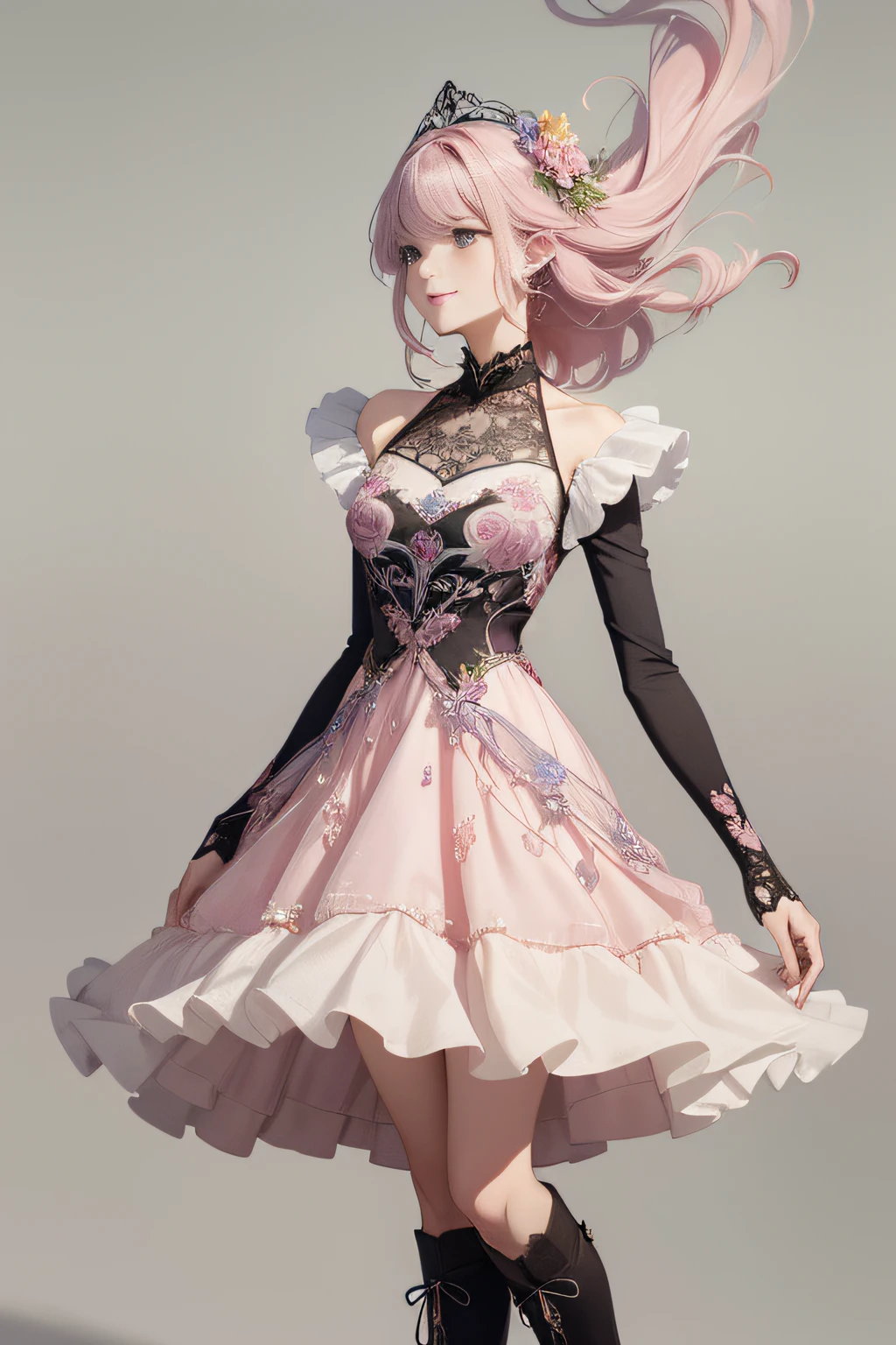 (agnes cecile:1.3), All 5 colors、（reddish、Viola、pink there、amarelo、verdant）、spirals,fantasy creature, Best Quality, Intricate details, Illustration, Painting, watercolor paiting,Loose fluffy、long curled silver hair,Beauty with chubby body、Black Dress、Dutch Angle,Good anatomy),Dynamic Pose, actionpose, open pose, Dynamic Angle,(Evere_Smile:1.2), Detailed layered skirt、Art Nouveau fashion embroidery、intricate detailes、Mesh Wire、barroco、vivd colour,