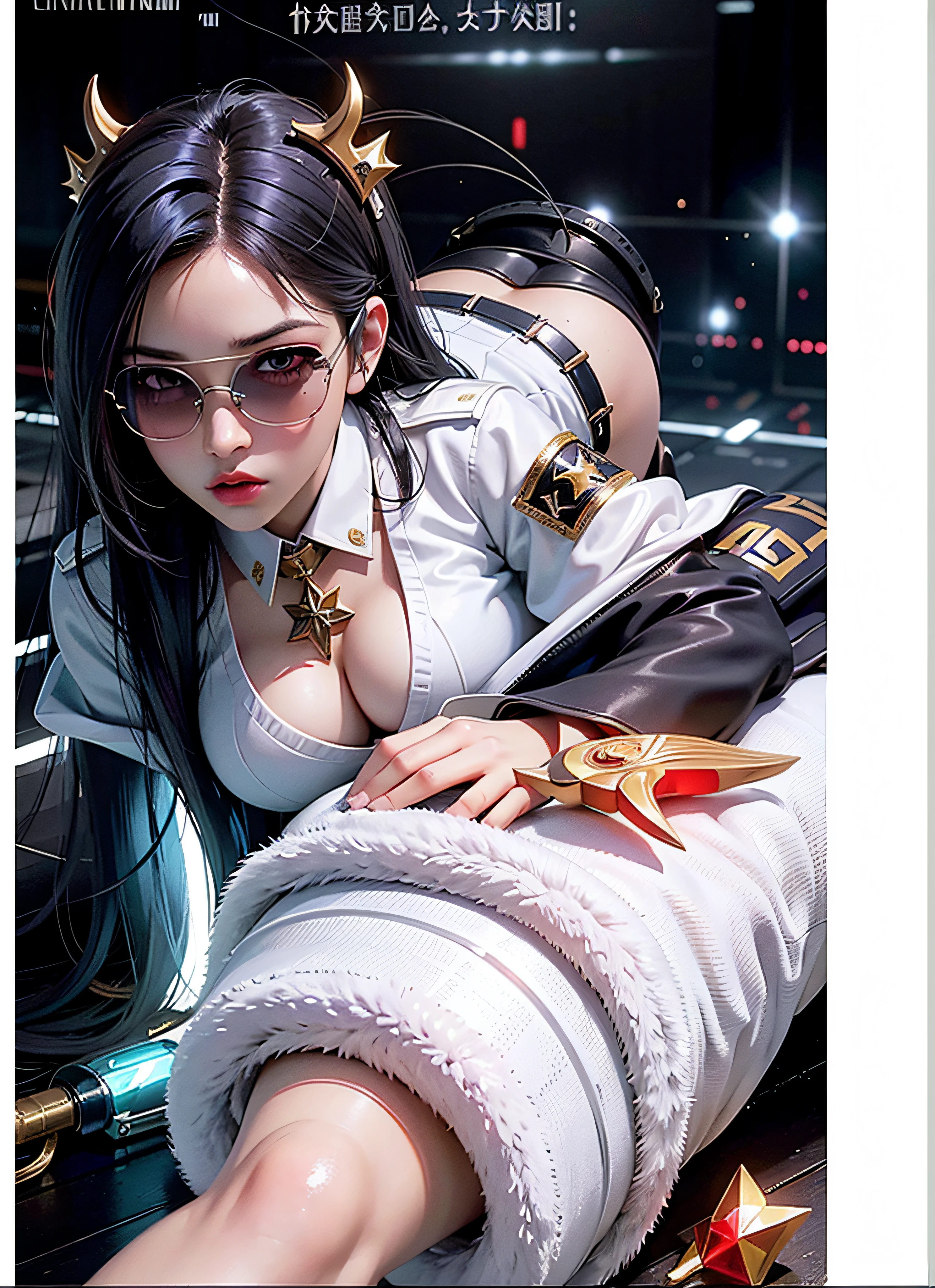 1 girlirl， Beautiful and realistic Cardi B as a semi-Asian mestizo, Half of League of Legends Spanish Prestige KDA comes entirely from Achri，Ultra HD, 8K quality, A girl, Very long hair， Detailed eyes, Frontal capture, Unreal Engine 5,Wearing a military cap，Military uniform temptation，Kneel on the ground，Red military uniform，Bright red tones