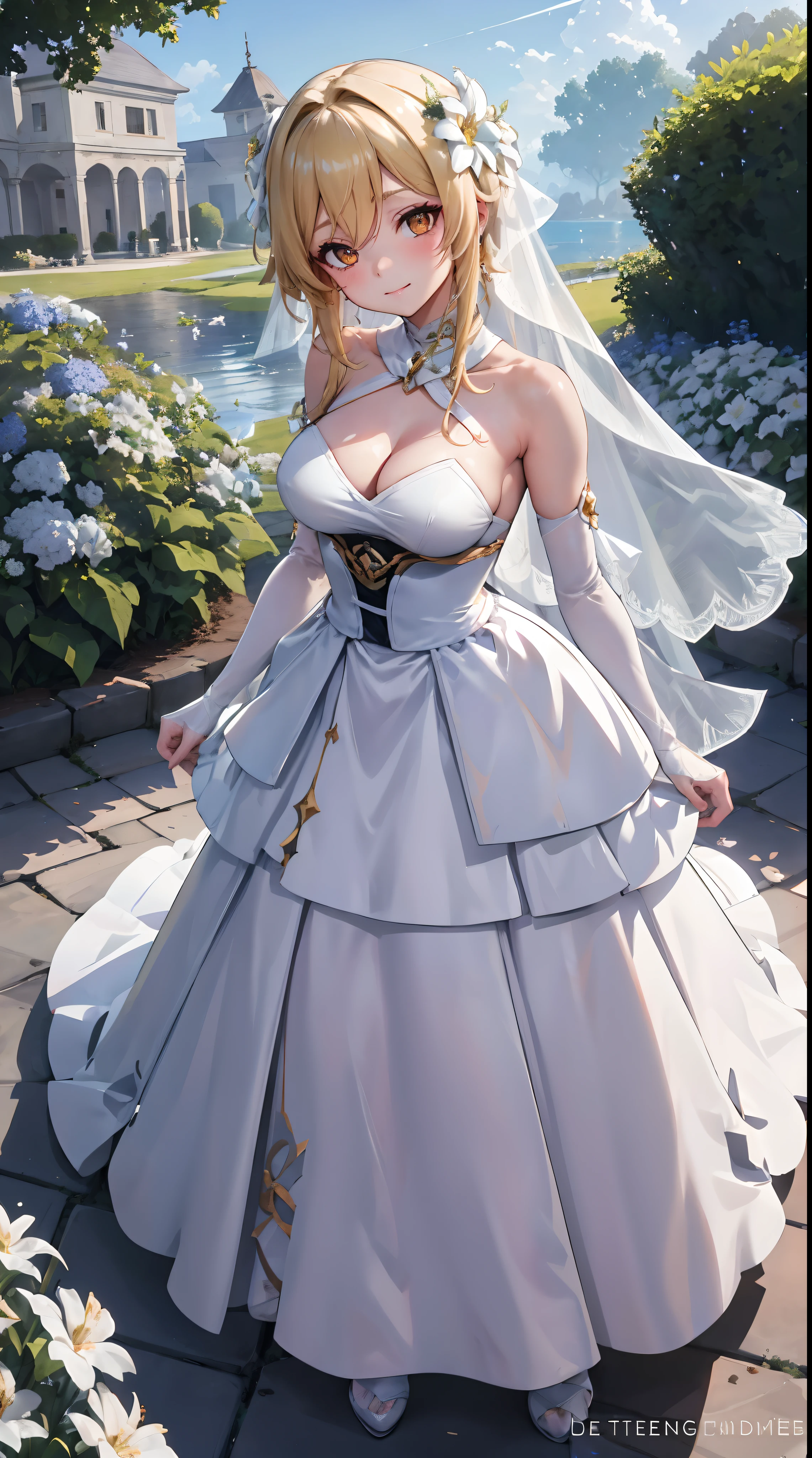 Lumine | genshin impact, master-piece, bestquality, 1girls,25 years old, proportional body, proportional., Wedding Dresses, White Wedding Dress, Long skirt, wedding, mediuml breasts, ,bara, choker, Standing in the middle of a flower garden, outdoor, The sky is beautiful, arm behind back, View viewers from the front., Thigh strap, Head tilt, bored, 10, 10, HD, slight smile,