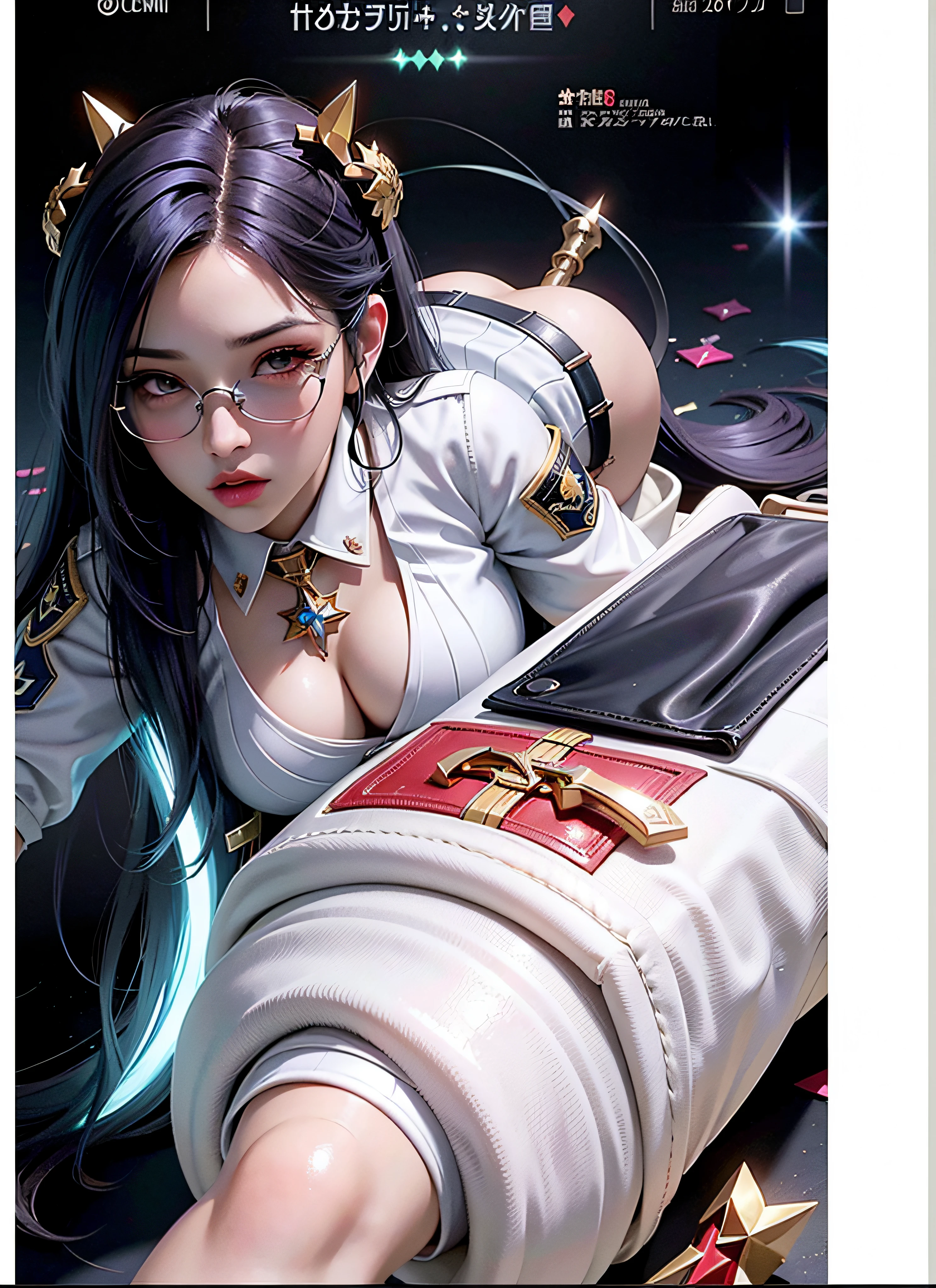 1 girlirl, Beautiful and realistic Cardi B as a semi-Asian mestizo, Half of League of Legends Spanish Prestige KDA comes entirely from Achri,Ultra HD, 8K quality, A girl, Very long hair, Detailed eyes, Frontal capture, Unreal Engine 5,Wearing a military cap,Military uniform temptation,Kneel on the ground,Red military uniform,Bright red tones
