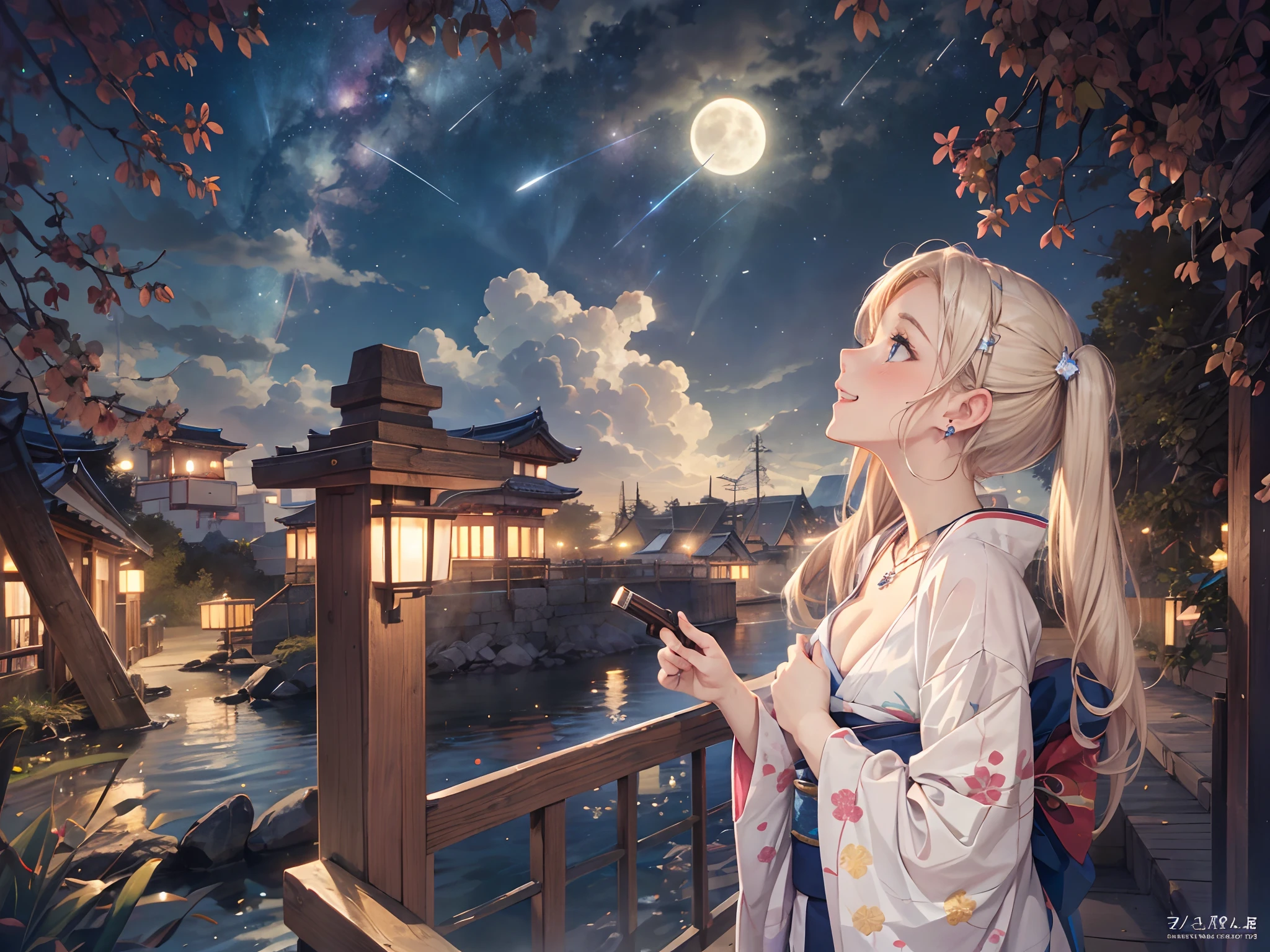 Top Quality, Masterpiece, Ultra Detailed, Ultra High Definition, 1 Woman, Solo, 25 Years Old, (Shooting Star: 1.4), Kyoto at Night, (Looking Up: 1.3), (Illusion Effect: 1.7), Upper Body, (Happy Smile: 1.6), (Full Face Blush: 1.4), (Platinum Blonde Short Low twintail: 1.5), shiny hair, cleavage, big, blue eyes, small earrings, small necklace, starry sky, moon, colorful kimono, kanzashi,