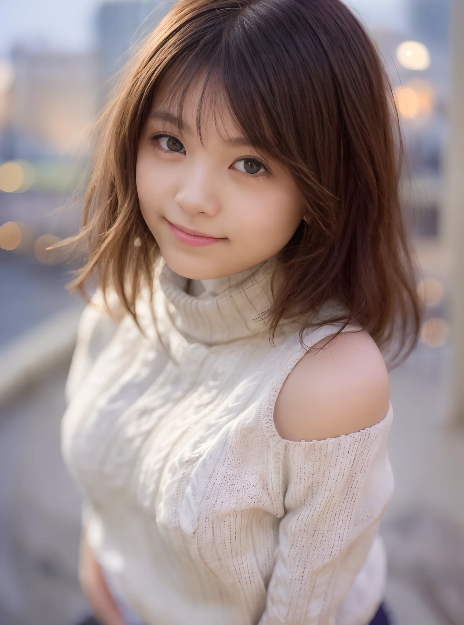 pureerosface_v1, Top image quality, photoreallistic, 8K, Hi-Def, 1girl in, femal, (Skindentation), (portlate:0.6), ((cityscapebackground:2)), ((smallsize round breast、highneck sweater:1.7)), Straight Viewer:1.8, (1 Girl Eye Viewer:1.45, Medium length hair, black har, Partdbang:1.45), photoreallistic, (bokeh dof),realisic、a smile、