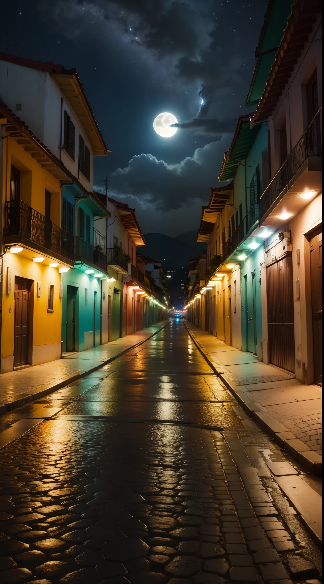 rua brasileira com referencia Rio de Janeiro. noite, Starry sky with full moon