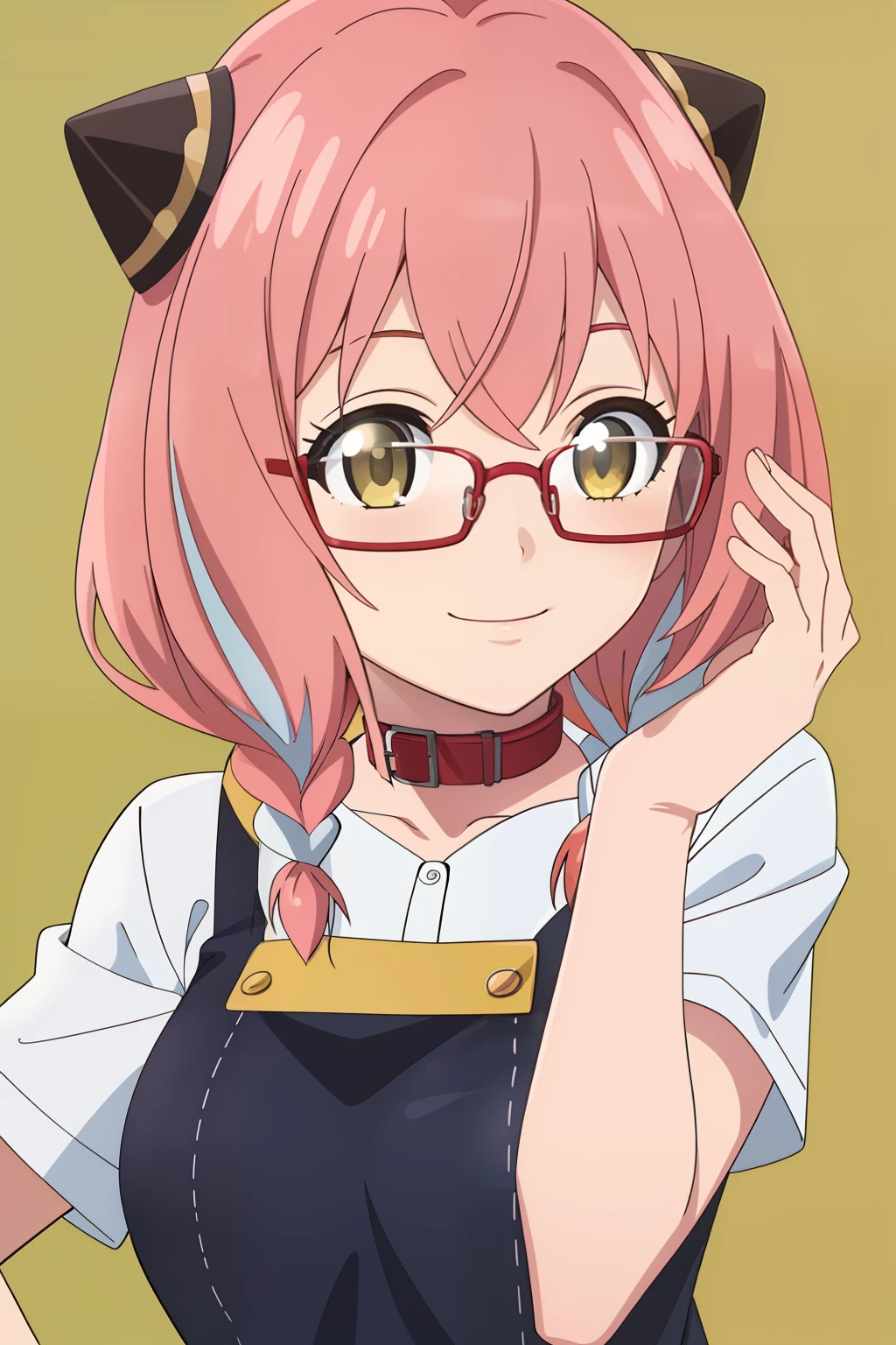 1girl, masterpice, high quality, best quality, good anime picture, misaki, ((school uniform)), twin braids, ((collar)), hair ornament, upper body, big breasts, dynamic light and shadows, smile, (adjusting eyewear:1.2), multicolor outfit, yellow hair, japanese background, mature female