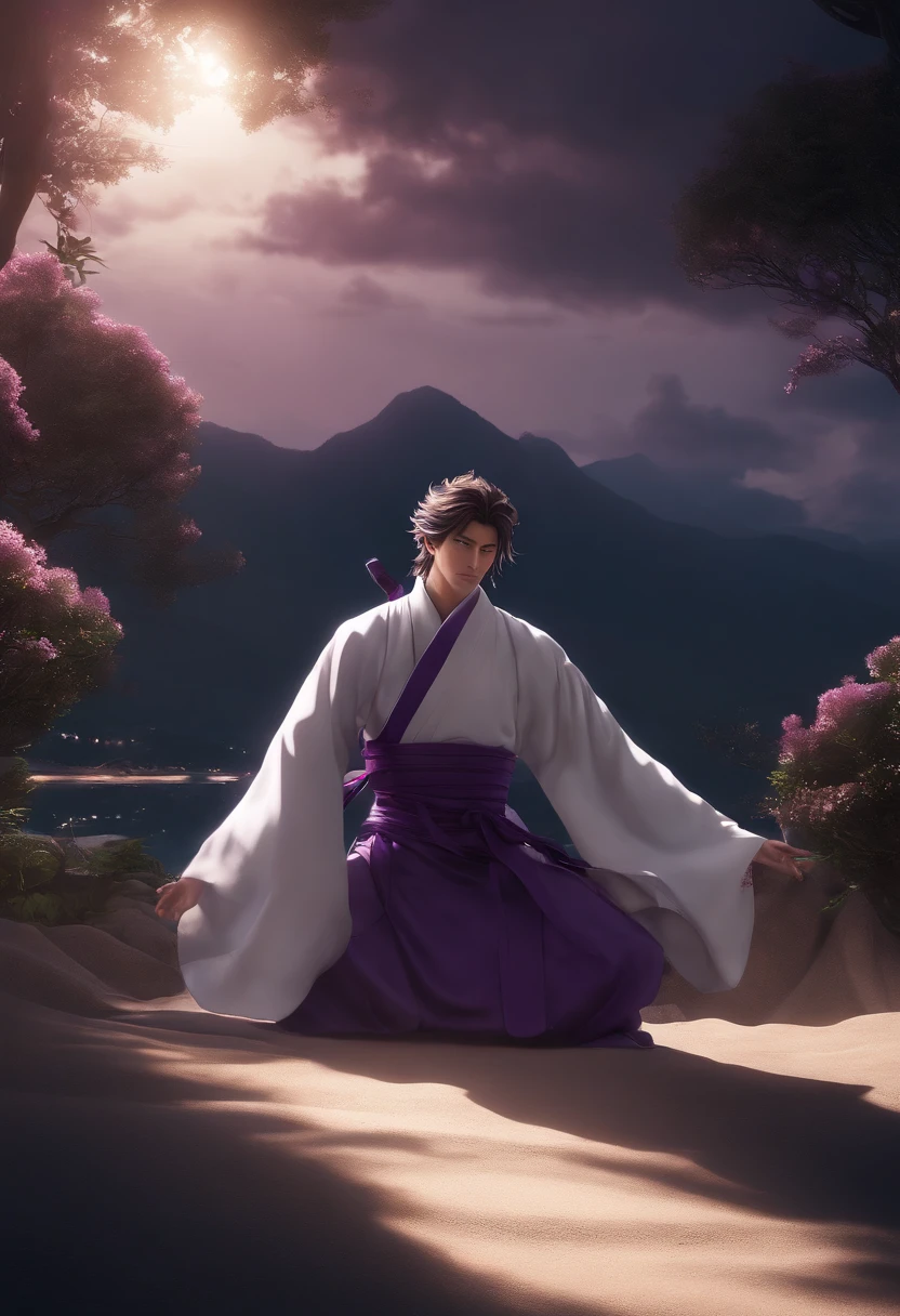 (Masterpiece, Best quality:1.2),1boy,seulement,(Sōsuke Aizen),Gros plan,Pose badass,Blanchir, Aura puissante, purple aura,8k,64K, Disque dur, Unparalleled masterpiece, dinamic lighting, cinematic, epic
