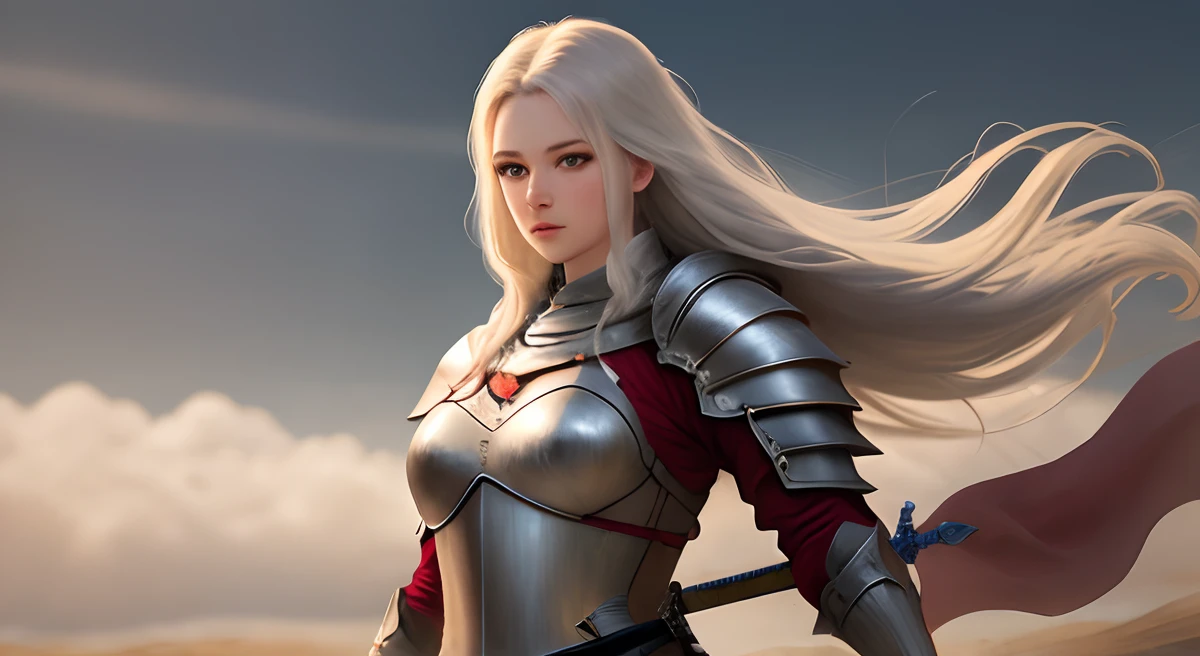Female with long hair, white skin, riding a horse, holding a sword, white hair, wearing armor, and blood stained on her body