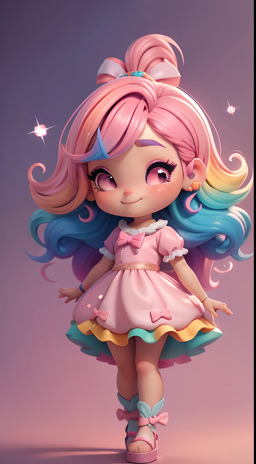 Uma menina chibi, vestido rosa, cabelos grandes, Rainbow hair colors, sapatilhas, pink hair bow, Glitter, sorrir,