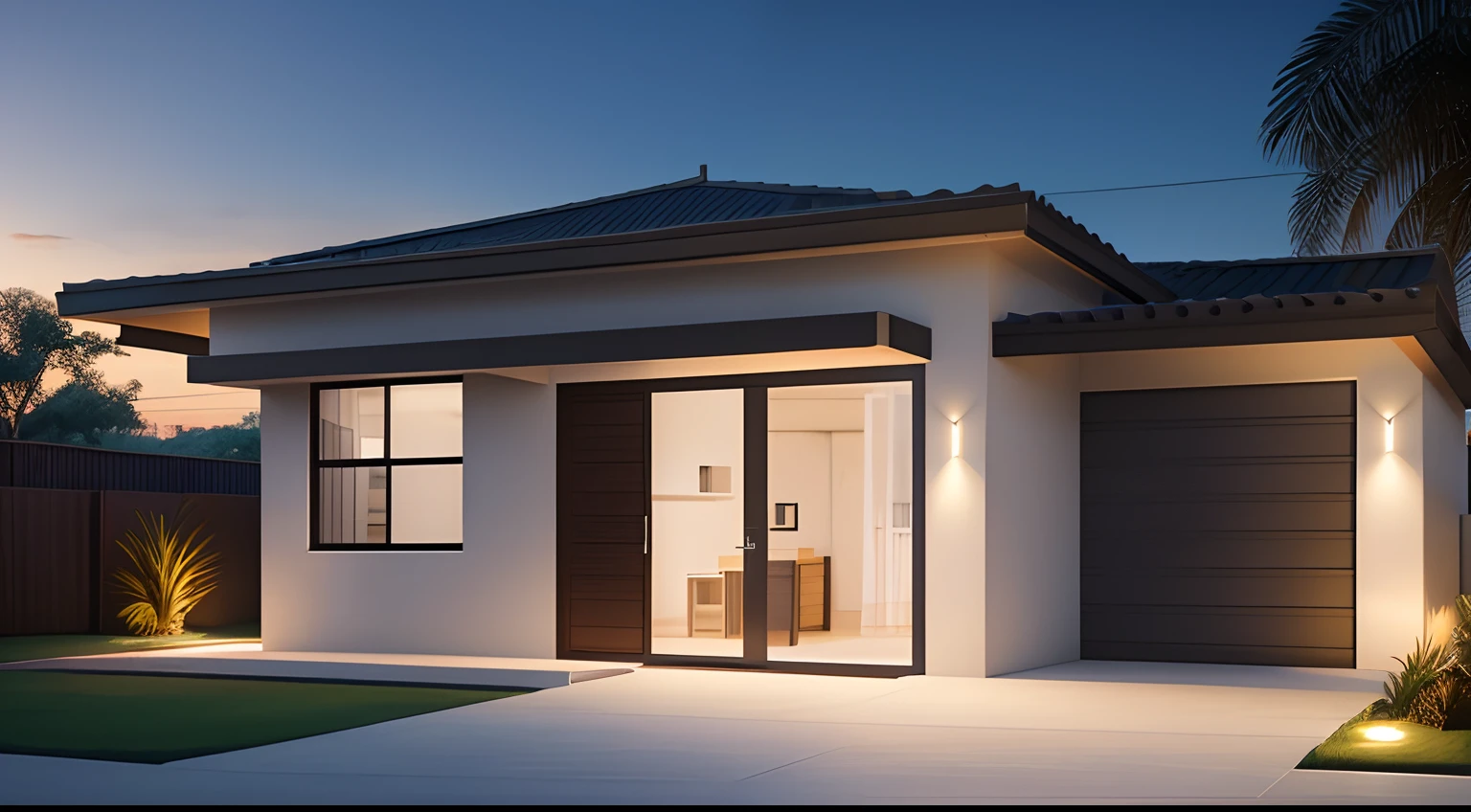 Southwest View, frontal, de uma pequena casa, ((estilo moderno)),garagem, porta, janela, ((varanda na frente)),acesso concretado, jardim, night ligthning, Lumion Pro rendering, 3D-rendering,cinematic quality