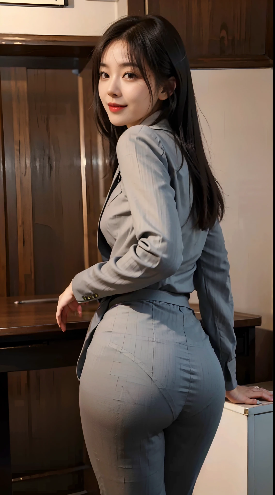 (Best quality, 8k, 32k, Masterpiece, UHD:1.2), 1girl, pretty Japanese, narrow waist, grey suit, office lady, suit, office room, desk, stick out her buttocks, big ass, (panty line, from behind, tight pants), (looking at viewer, looking back, detailed face, double eyelids, smile)