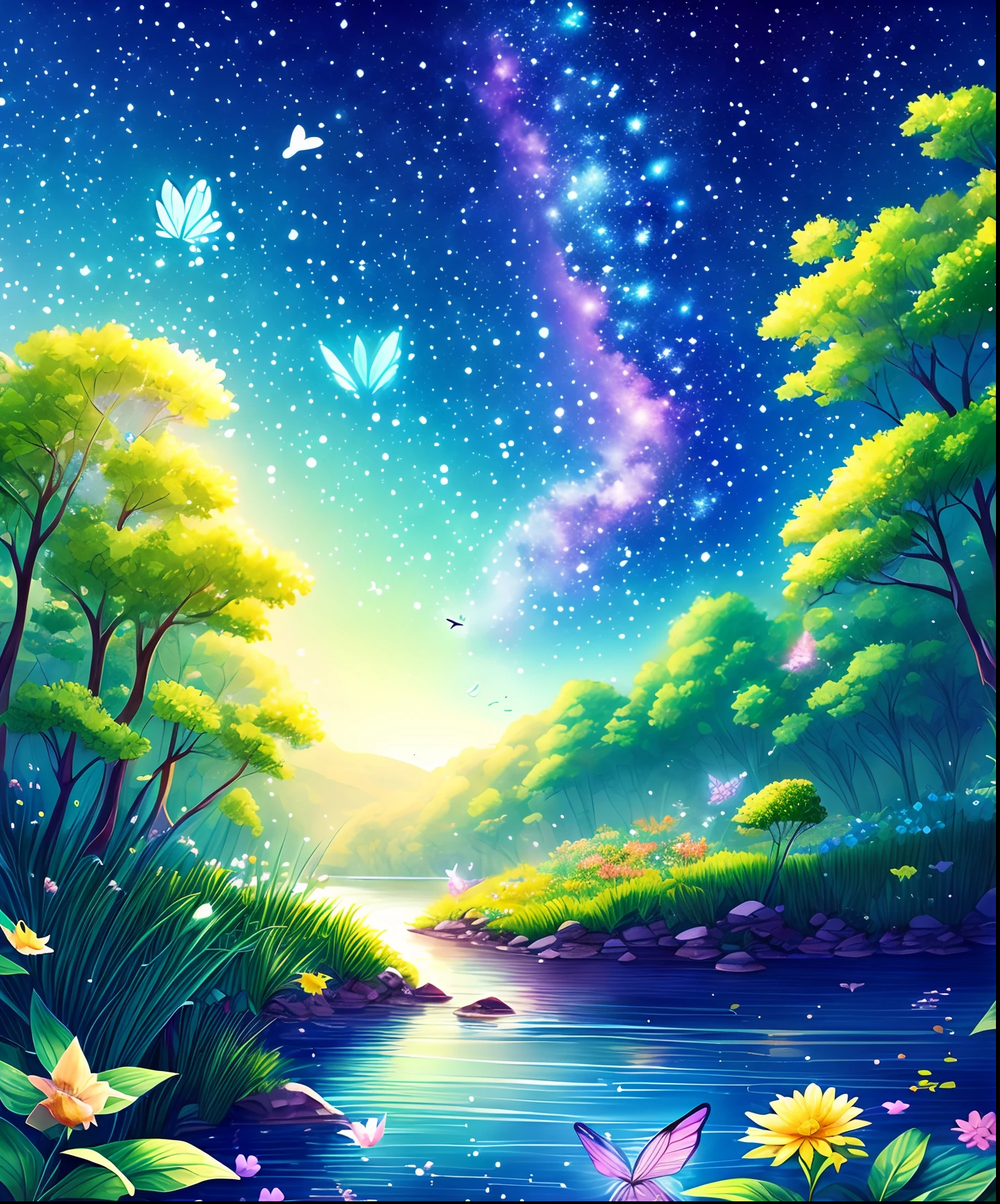 Cute girl characters、Green grass々Drawing a butterfly flying over the water, Looking up at the starry sky. Surround her with colorful nebulae and colorful forests.