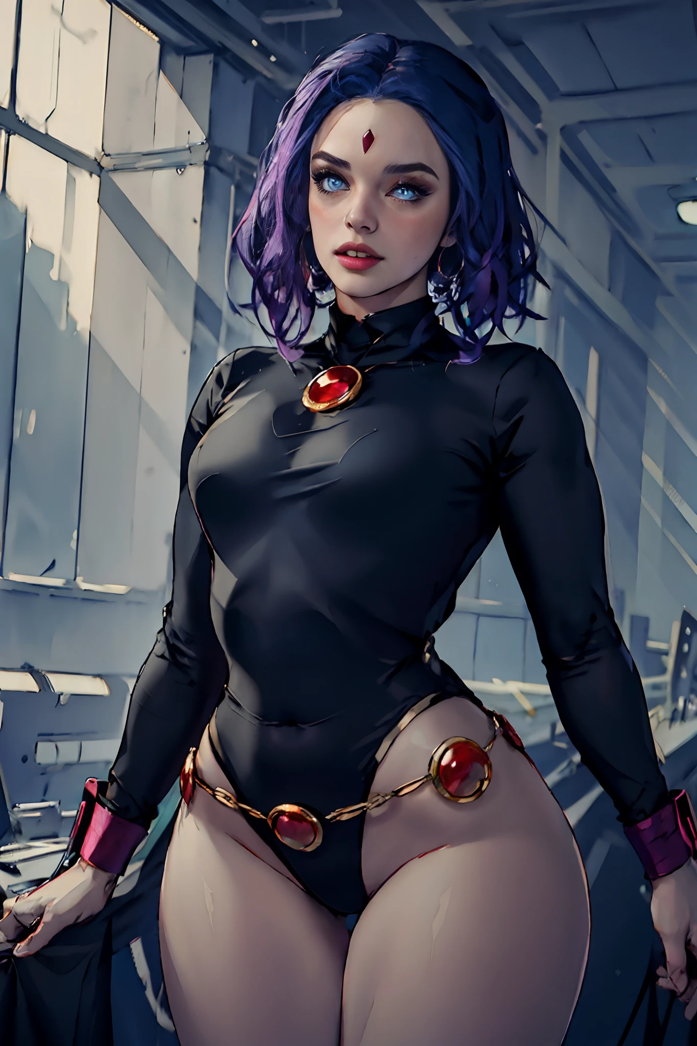 (masterpiece:1.2, best quality), (picture, intricate details, depth of field), (1girl as rvn, hotraven, solo), ass focus, make up, parted lips, highly-detailed, gorgeous perfect face, (standard breasts), (skindentation), thick thighs, wide hips, average waist, tall, Luscious lips, beautiful hazel-blue eyes, sexy, blushing, (ass focus) ;(Seductive dynamic pose) , ass focus