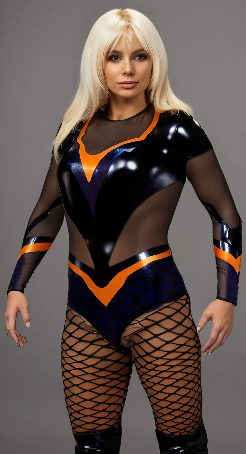 Une femme blonde avec des cheveux long et une frange, en tenue noire et orange posant pour une photo, Hyper Detailed, detailed body, dark blue leotard costume, energetic varia suit, Tenue de catch, cyber suit, Chrome combination,