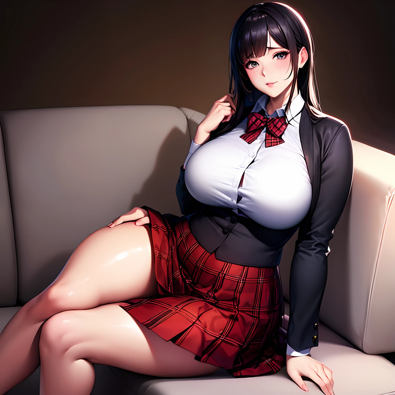 realistic anime art style,(tareme),(curvy body),black unkempt hair,bow tie,dress shirt,(red pleated skirt),(plaid skirt),unpretentious adult woman sitting on sofa ,sweaty,