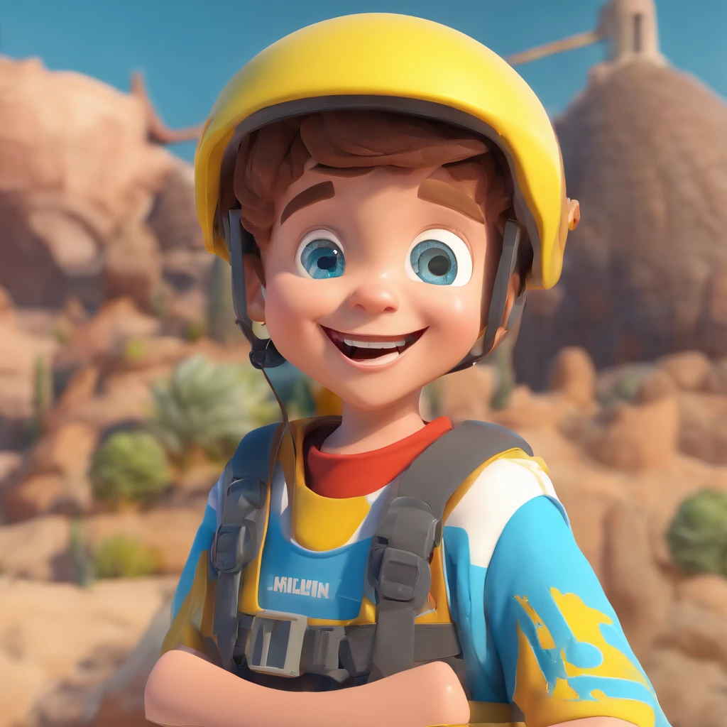 Funny boy, sorrindo, with helmet on head