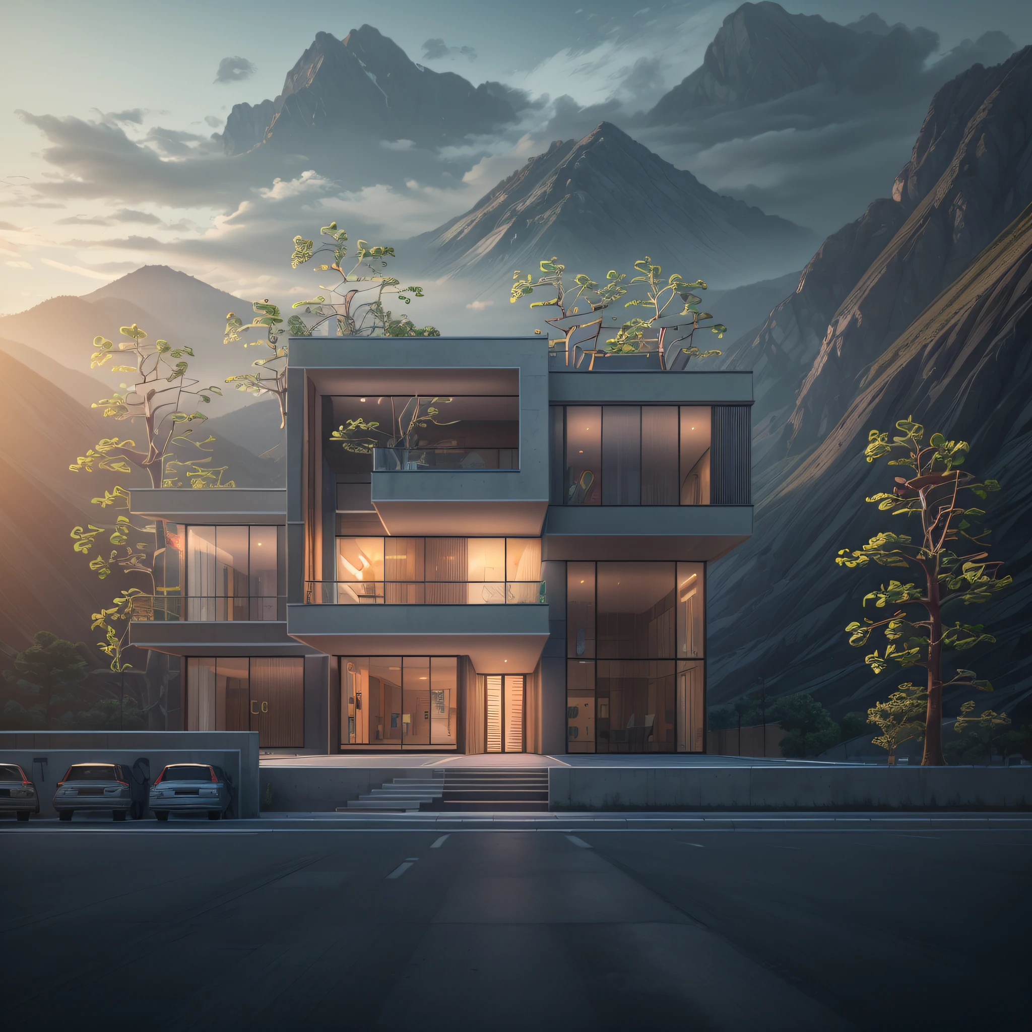 photo realistic, hd high res ultra high quality FRONT view plan modern villa, CONCRETE FACADE,large glass windows, wooden door,trees,grass,plantation,plants,create a mountains back side of the building, perfect composition, beautiful detailed intricate insanely detailed octane render trending on attestation, 8 k artistic photography, photo realistic concept art, soft natural volumetric cinematic perfect light, chiaroscuro, award - winning photograph, masterpiece, 2d rendering, front view plan, realistic,hyper realistic, intricate detals,hd details,128k,(sharp lines)(use vivid multi dark colors)(2d rendering)(add mountains with trees backside of the building)