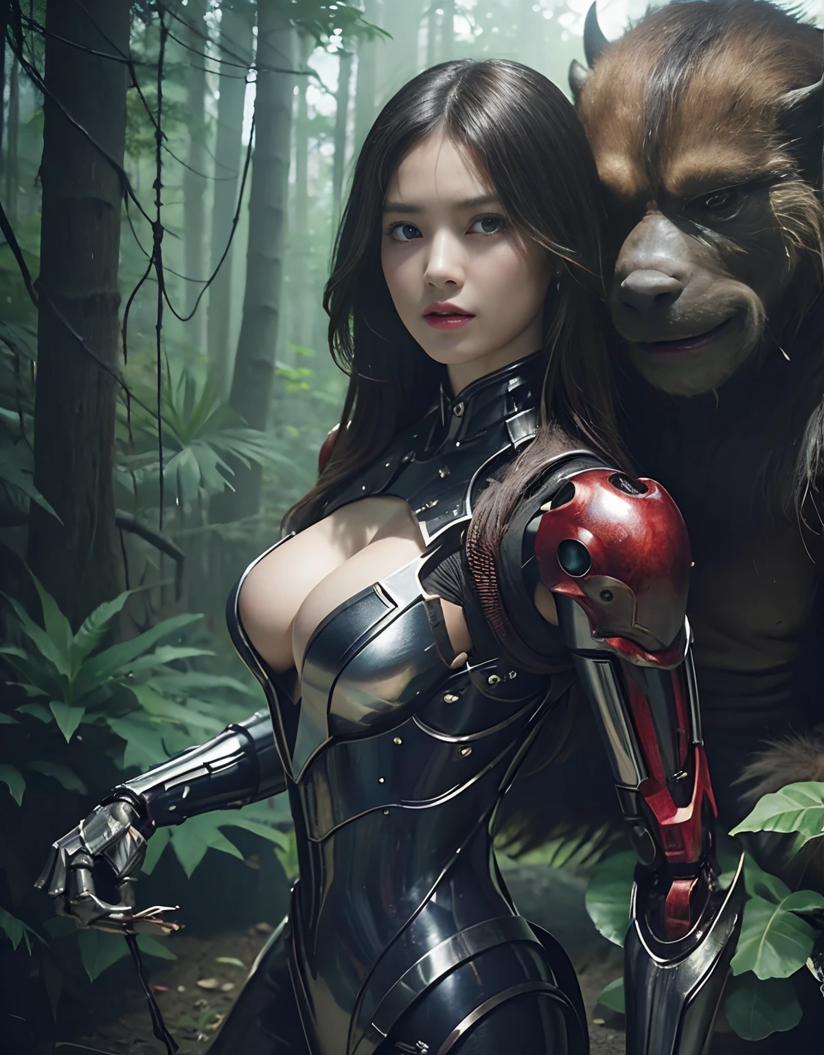 (1 Mechanical Girl)、top-quality、masterpiece、超A high resolution、(Photorealsitic:1.4)、Raw photo、女の子1人、Fight mutants、glowy skin、(((1 Mechanical Girl)))、With a beautiful knife、(Yellow Metal Bodysuit)、(Kobold、ogre、Fierce battle with orcs),(Fight fiercely against aliens)、Fight fiercely、(beautiful forest background)、(Fighting Demonic Beasts)、(Small LED)、((super realistic details))、portlate、(Strong giant demon beast background),globalillumination、Shadow、octan render、8K、ultrasharp、Colossal tits、Raw skin is exposed in cleavage、metals、Details of complex ornaments、Japan details、highly intricate detail、Realistic light、(Mystical expression),CGSoation Trends、Red Eyes、radiant eyes、Facing the camera、neon details、(Mechanical limbs)、(blood vessels connected to tubes)、Mechanical vertebrae attached to the back、mechanical cervical attaching to neck、(Wires and cables connecting to the head)、Gundam、Small LED、,Mechanical thighs、Toostock、(Hands are also made of machines)、(Attack of the Monster Beasts)、(Wounded in a deadly battle)、