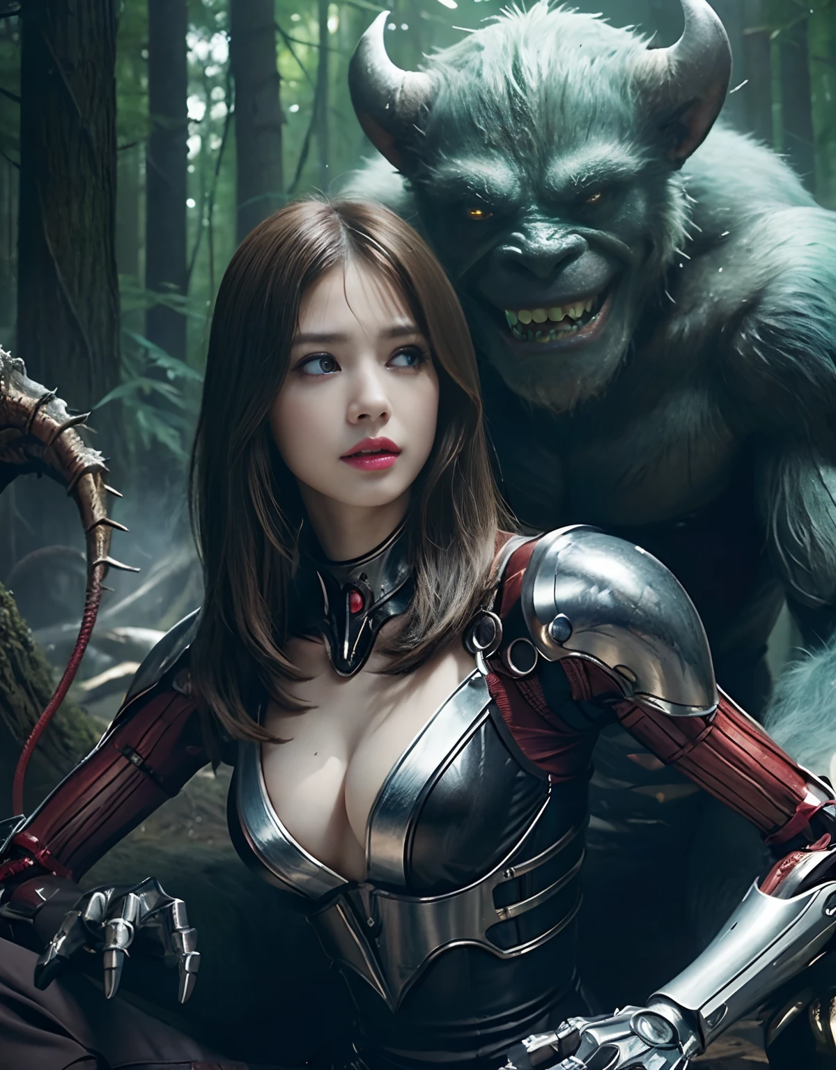 (1 Mechanical Girl)、top-quality、masterpiece、超A high resolution、(Photorealsitic:1.4)、Raw photo、1人、Fight mutants、glowy skin、(((1 Mechanical Girl)))、With a beautiful knife、(Yellow Metal Bodysuit)、(Kobold、ogre、Fierce battle with orcs),(Fight fiercely against aliens)、Fight fiercely、(beautiful forest background)、(Fighting Demonic Beasts)、(Small LED)、((super realistic details))、portlate、(Strong giant demon beast background),globalillumination、Shadow、octan render、8K、ultrasharp、Colossal tits、Raw skin is exposed in cleavage、metals、Details of complex ornaments、Japan details、highly intricate detail、Realistic light、(Mystical expression),CGSoation Trends、Red Eyes、radiant eyes、Facing the camera、neon details、(Mechanical limbs)、(blood vessels connected to tubes)、Mechanical vertebrae attached to the back、mechanical cervical attaching to neck、(Wires and cables connecting to the head)、Gundam、Small LED、,Mechanical thighs、Toostock、(Hands are also made of machines)、(Attack of the Monster Beasts)、(Wounded in a deadly battle)、