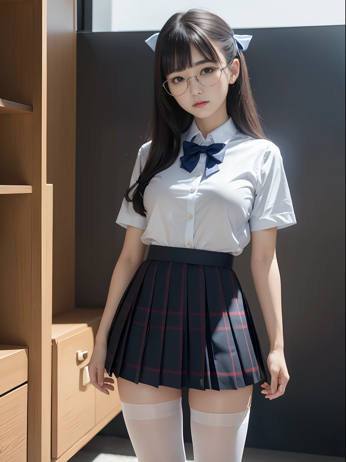 (underwear is visible)、((Narrow-eyed))、((Narrow-eyed))、((Narrow-eyed))、(8K、RAW photography、top-quality、tmasterpiece:1.2),((small tits))、((small tits))、((small tits))、((small tits))、((small tits))、((A-Cup))、((A-Cup))、((A-Cup))、((A-Cup))、((A-Cup))、There is a small、(flat breast)、(flat breast)、(flat breast)、(flat breast)、(flat breast)、(being thin)、dark look、Rasping,carismatic,Chromo-white skin,cocky,school,watching at viewers,looking in front,Muchimuchi,Soprano costume,Erotic,pupils,white skinned,knees,((Black pantyhose)),absurderes,a small face,,forehead visible,Bangs hang on the left and right sides of the forehead,(A cold expression,Tight eyes,glarelight,Bullish,irate)、tmasterpiece,top-quality、超A high resolution,RAW photo,Ren,Beautiful fece,solo person, 独奏,eye glass,,dark look,Small breasts,full bodyesbian,Round glasses,JK school uniform,Big high school girl,A Japanese lady,It's standing,(Photorealsitic:1.37)、photon maping,Realistic、Beautuful Women,Cute little face,with brown eye、Black socks、(Red bow tie)、Radio City、physically-based renderingt、depth of fields、The background is blurred out、A picture,Body,beautifullegs, Long legs, Thin leg,(Bangs are visible), Hair, Carnal lips, Blue_The eye, nosesoft,(Light blue shirt), (Navy and blue and white plaid pleated skirt), Knees visible,Sheer clothing,, upper legs, Black cotton socks,乃木坂アイドル, 女優, Japanese idol household