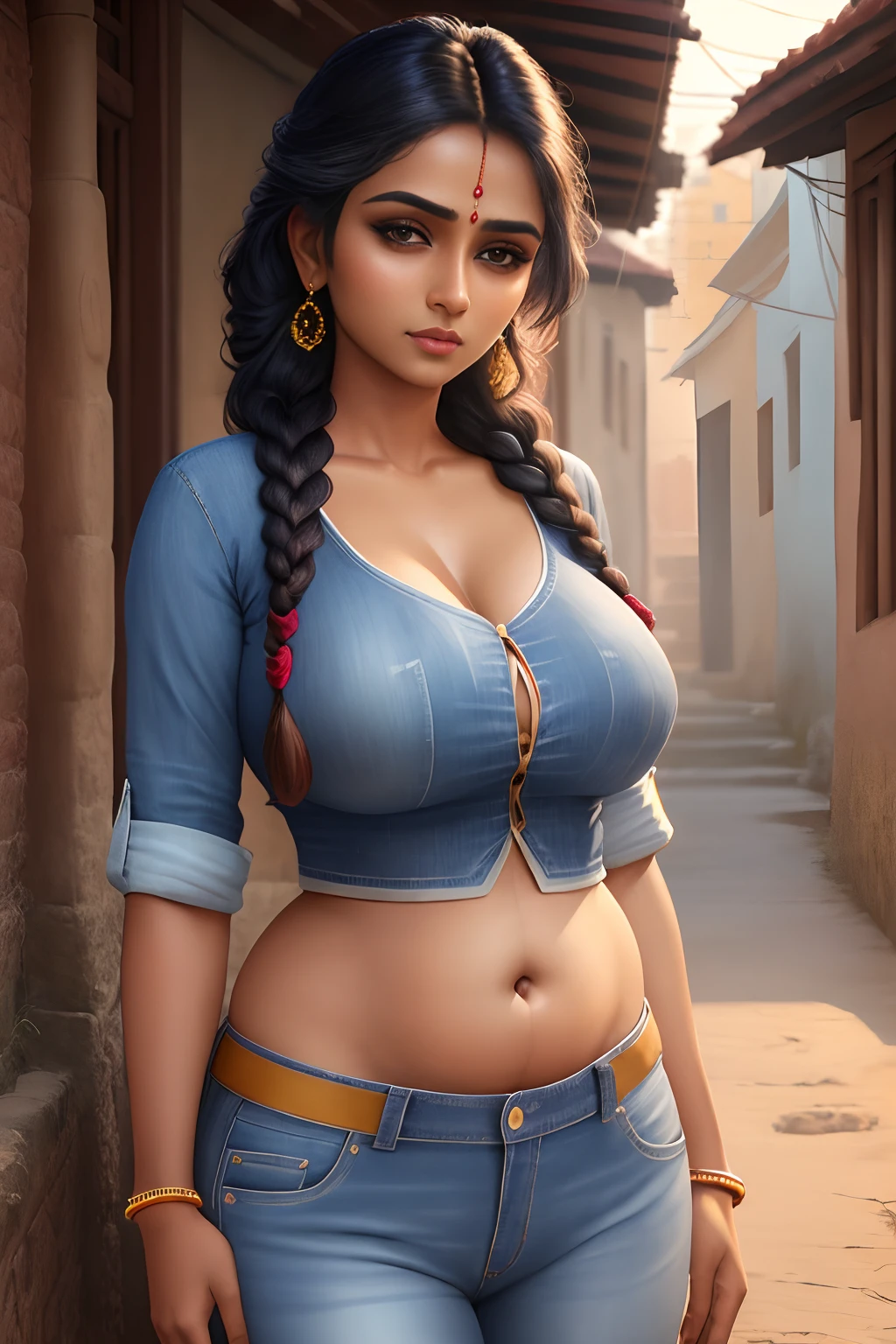 Beautiful indian woman, portrait, detailed face, cute, big eyes, iconic, photorealistic, slum alley, big chest, big belly, nude body, braid hair, symmetric face  masterpiece, 8k, ultra realistic, detailed background