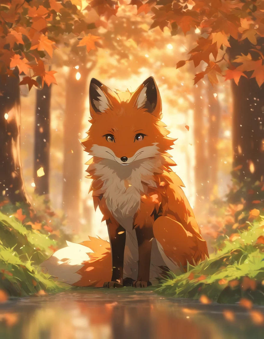 (best quality,4k,8k,highres,masterpiece:1.2),ultra-detailed,(realistic,photorealistic,photo-realistic:1.37),colorful autumn scene,lonely fox,cute fox,autumn forest,fox wearing cloak made of maple leaves,hiding fox,root of a tree,rainy day,serene atmosphere,maple trees,fall foliage,beautifully colored fox,dark green and orange leaves,peaceful environment,natural lighting,soft raindrops,leaves on the ground,gentle mist,flickering sunlight through the trees,majestic tree trunks,quiet solitude,magical atmosphere