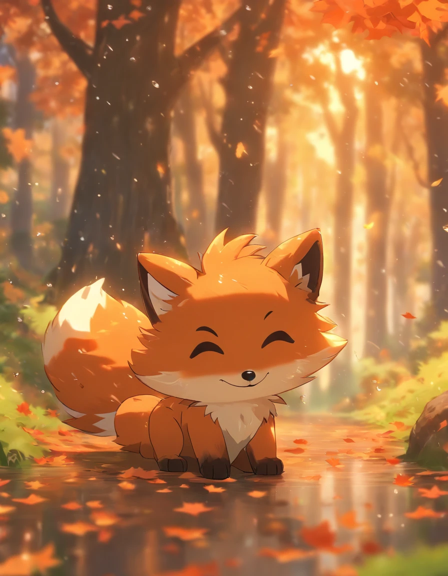 (best quality,4k,8k,highres,masterpiece:1.2),ultra-detailed,(realistic,photorealistic,photo-realistic:1.37),colorful autumn scene,lonely fox,cute fox,autumn forest,fox wearing cloak made of maple leaves,hiding fox,root of a tree,rainy day,serene atmosphere,maple trees,fall foliage,beautifully colored fox,dark green and orange leaves,peaceful environment,natural lighting,soft raindrops,leaves on the ground,gentle mist,flickering sunlight through the trees,majestic tree trunks,quiet solitude,magical atmosphere