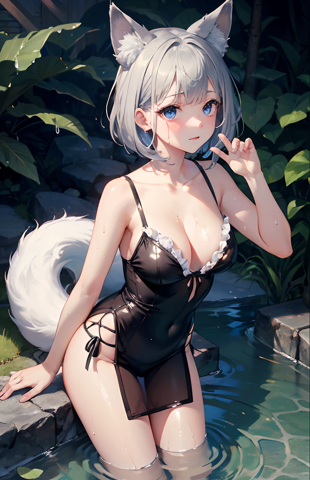 masterpiece,Top image quality,hight resolution,imagem 4k,Raw photo,Photorealsitic,{Solo},s girl,Embarrassment,Silver Short Bob,stare at each other,Wet,Blue eyes,小柄,tits out,Silver fox ears,Fox tail,Bathing in water,boyish,negligee