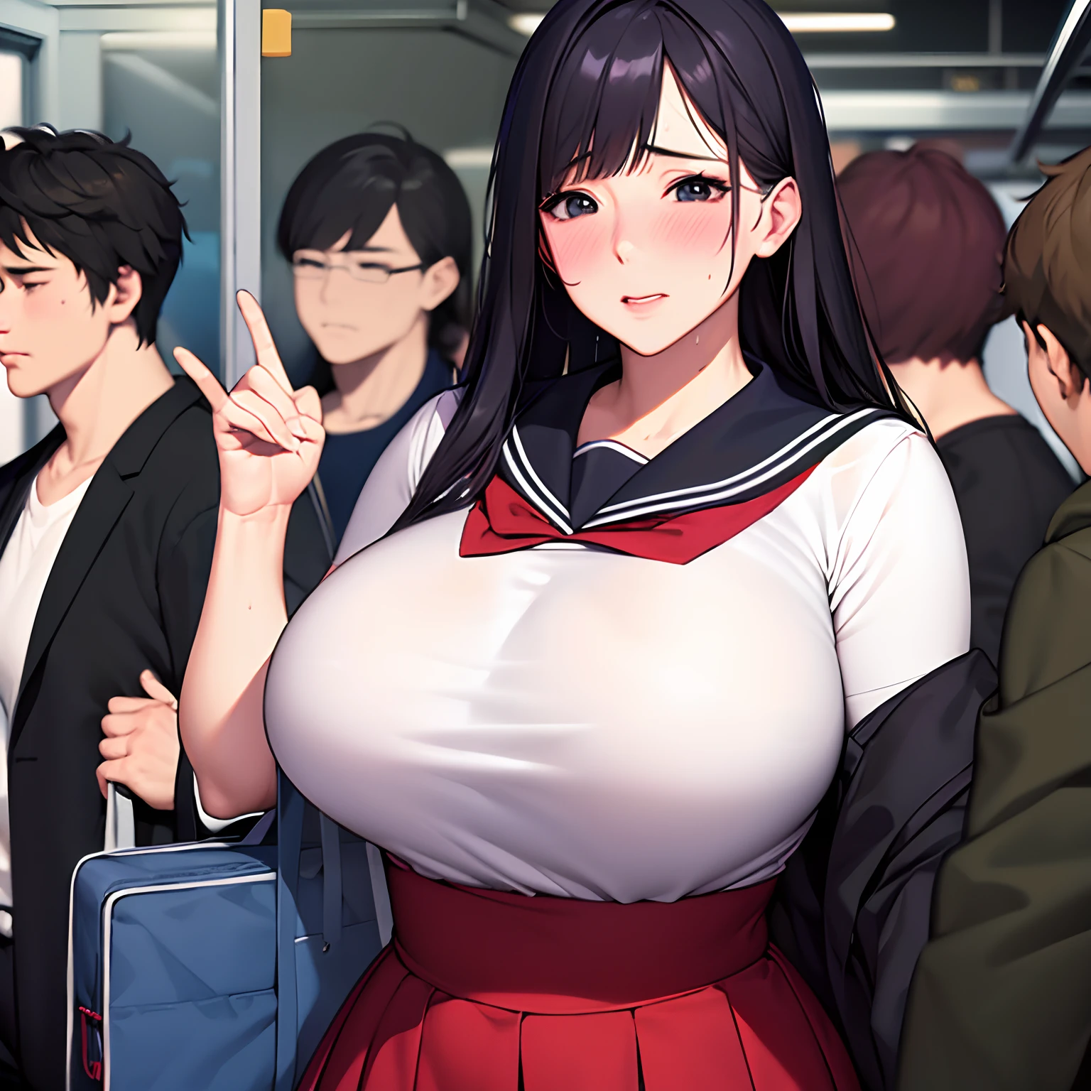 realistic anime art style,(tareme),(curvy body),black unkempt hair,(sailor uniform),unpretentious mature woman standing in crowded train,blushed,trembling,(sweaty),dynamic pose