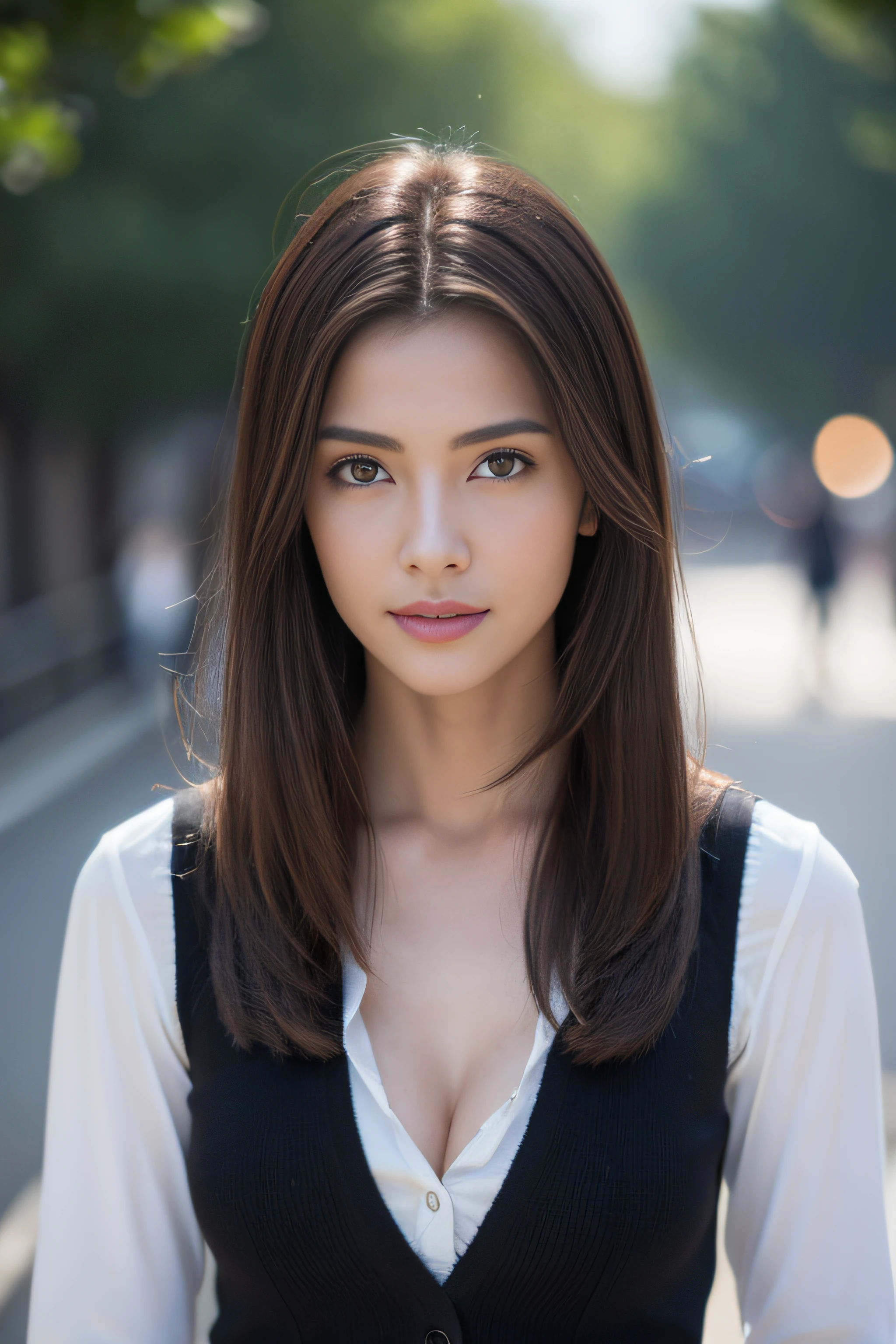 ((Realistic lighting、top-quality、8K、tmasterpiece:1.3))、Clear focus:1.2、Girl vs、perfect figure beautiful woman:1.4、Slim abs:1.1、((Dark brown hair、Big:1.3))、(Acceleration:1.4)、street、Tall、Slender face、Narrow eyes、二重まぶた、Swaying hair、Exposed cleavage、Gilet blanc