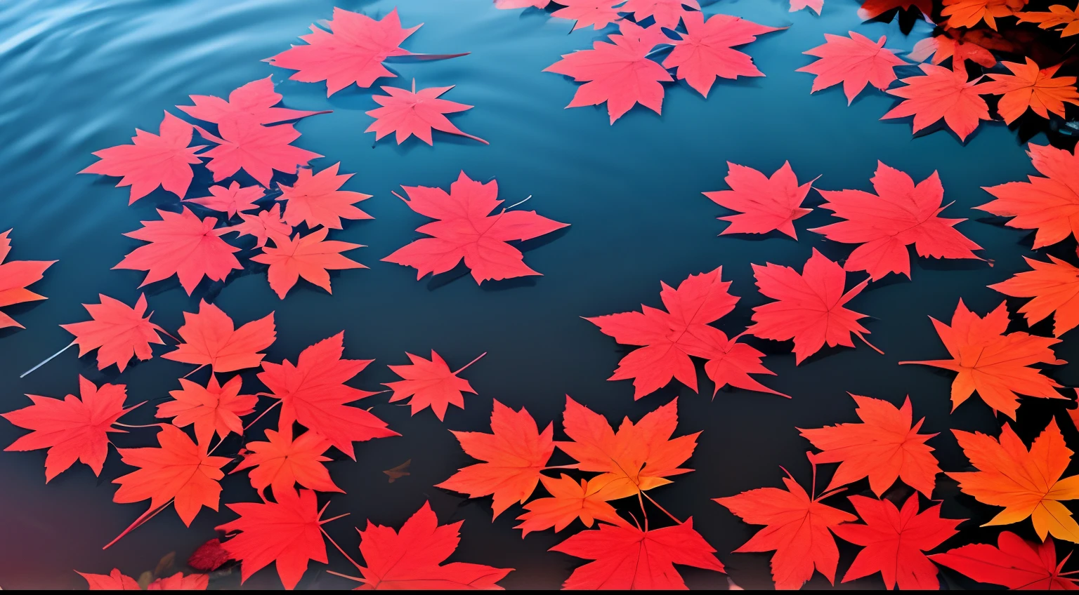 The red maple leaves are floating on the water.　top view from above.