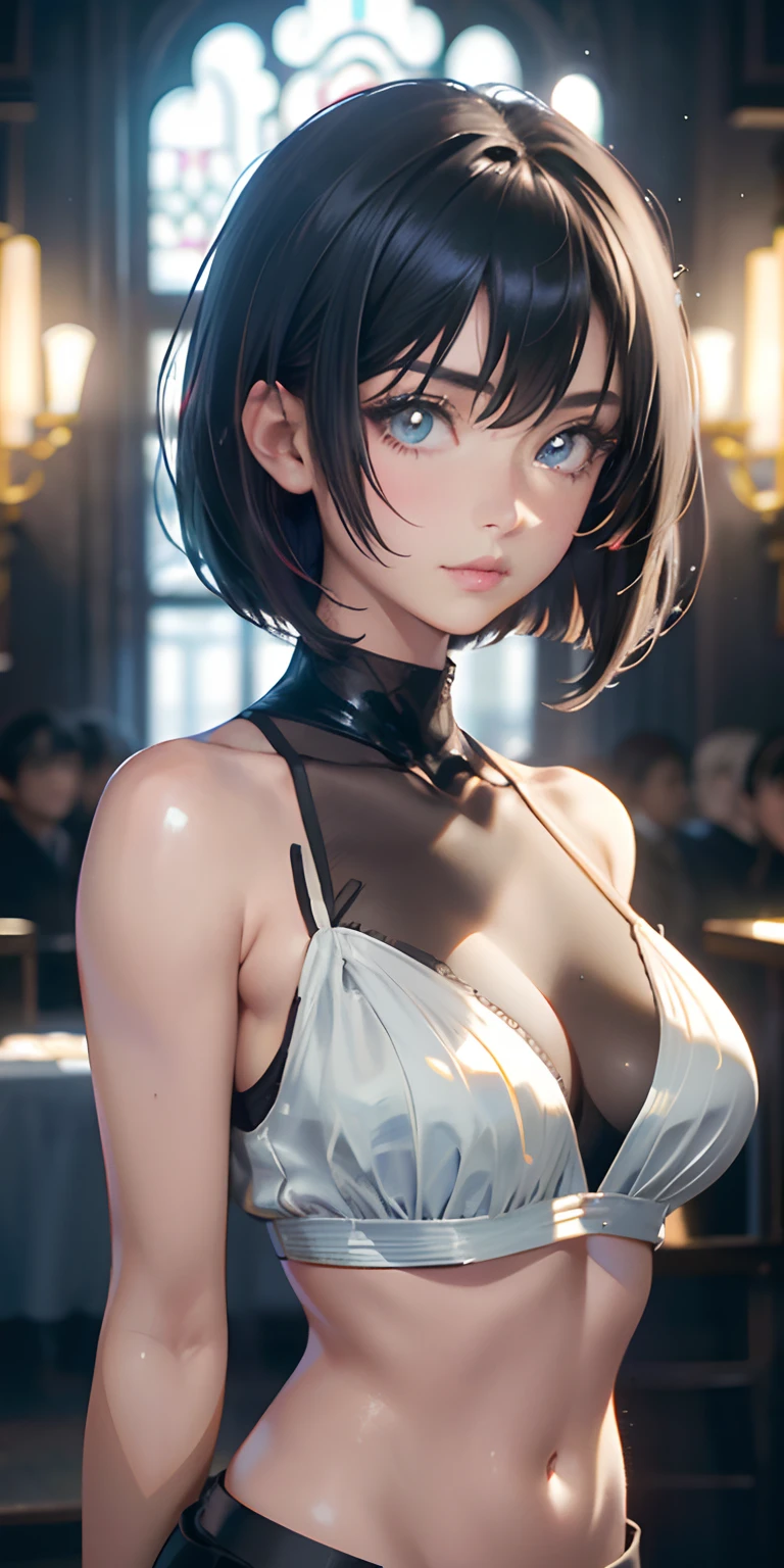 Kai Kokoai, Short Hair, Black Hair, (Photorealistic:1.4), (Masterpiece, Sidelight, Exquisite Beautiful Eyes: 1.2), Masterpiece*Portrait, Realistic, 3D Face, Glistening Eyes, Glossy Hair, Glossy Skin, Solo, Embarrassing, (Abdomen),