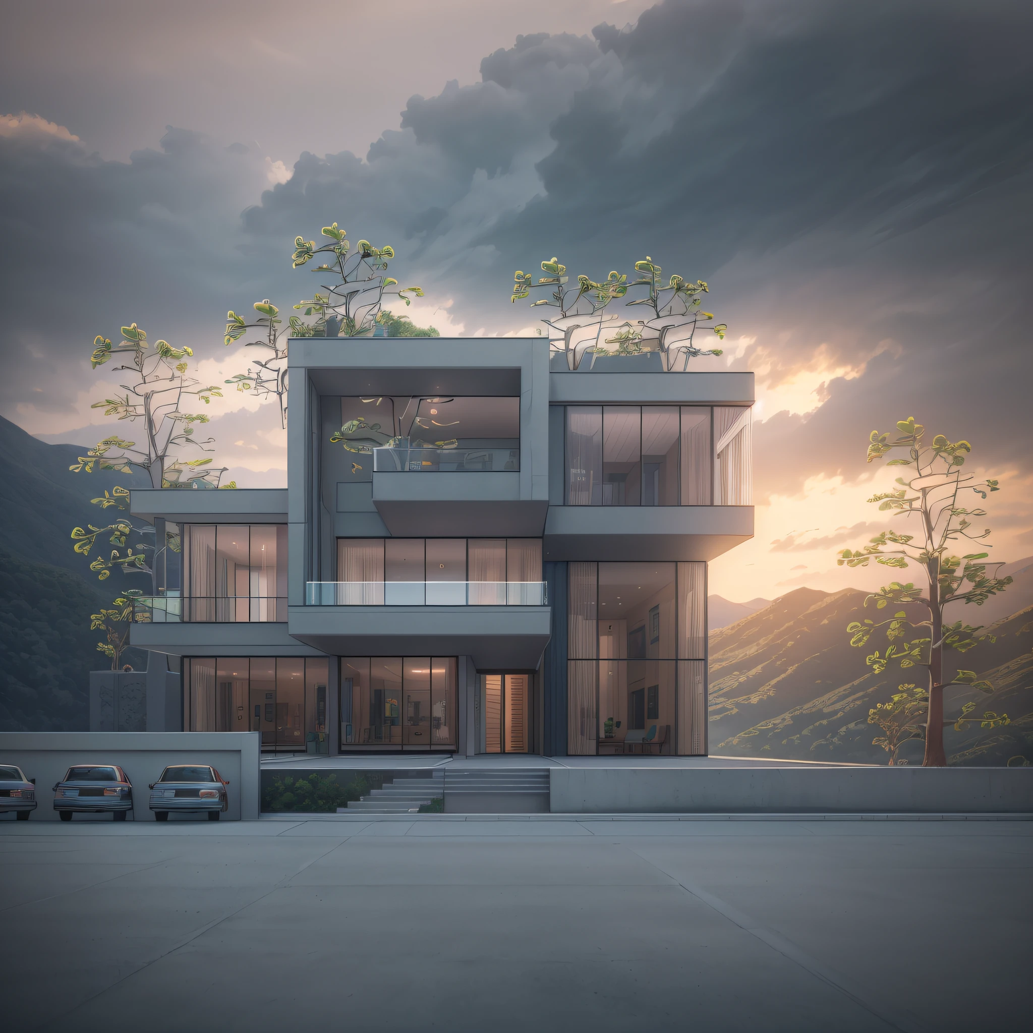 photo realistic, hd high res ultra high quality FRONT view plan modern villa, grey CONCRETE FACADE,large glass windows, wooden door,trees,grass,plantation,plants,create a mountains back side of the building, perfect composition, beautiful detailed intricate insanely detailed octane render trending on attestation, 8 k artistic photography, photo realistic concept art, soft natural volumetric cinematic perfect light, chiaroscuro, award - winning photograph, masterpiece, 2d rendering, front view plan, realistic,hyper realistic, intricate details,hd details,128k,(sharp lines)(use vivid multi dark colors)(2d rendering)(add mountains with trees backside of the building)