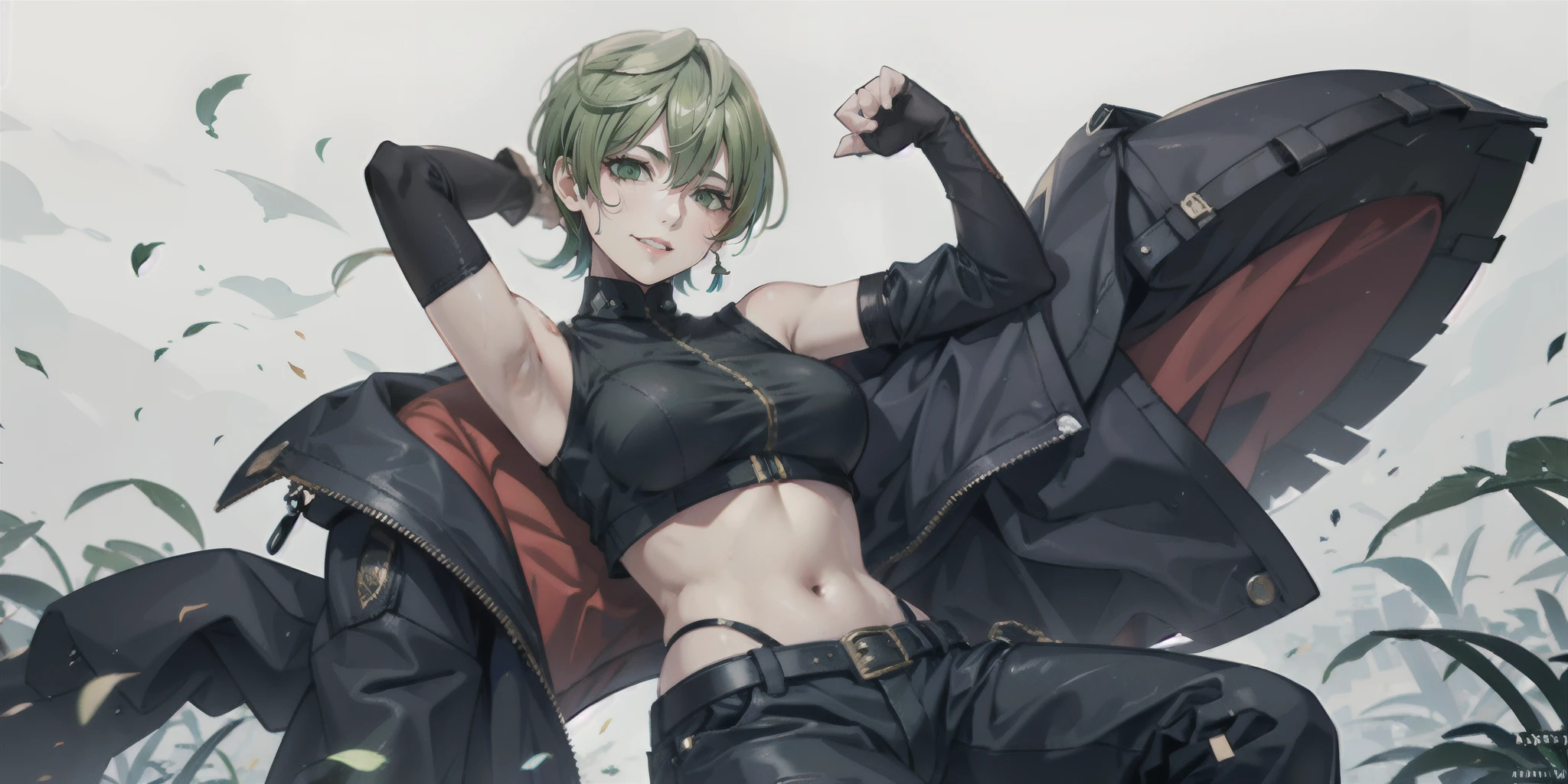 tenka izumo, (short hair, green hair:1.6), green eyes, multicolored hair, sweating, glowing eyes, heavy breathing, belt, navel, 1girl, breasts, gloves, midriff, crop_top, solo, looking_at_viewer, sleeveless, armpits, black_gloves, hood, stomach, bangs, bare_shoulders, elbow_gloves, arms_up, (paw pose:1.2), jacket, sleeveless_shirt, coat, large_breasts, long_sleeves, buckle, cowboy_shot, pants, shirt, open_clothes, glow effects, godrays, Hand drawn, render, 8k, octane render, cinema 4d, blender, dark, atmospheric 4k ultra detailed, cinematic, Sharp focus, big depth of field, Masterpiece, colors, 3d octane render, 4k, concept art, trending on artstation, hyperrealistic, Vivid colors, extremely detailed CG unity 8k wallpaper, trending on CGSociety, Intricate, High Detail, dramatic,