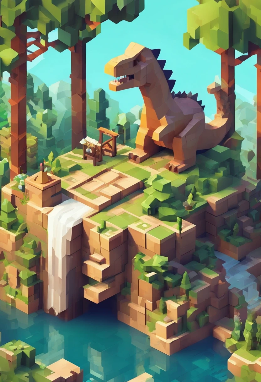 (Best quality, fantasy, isometry, voxels art:1.2), Absurd, tree, stone wall, (dinosaurs:1.2),Humanity,(Background for minimal design:1.2)