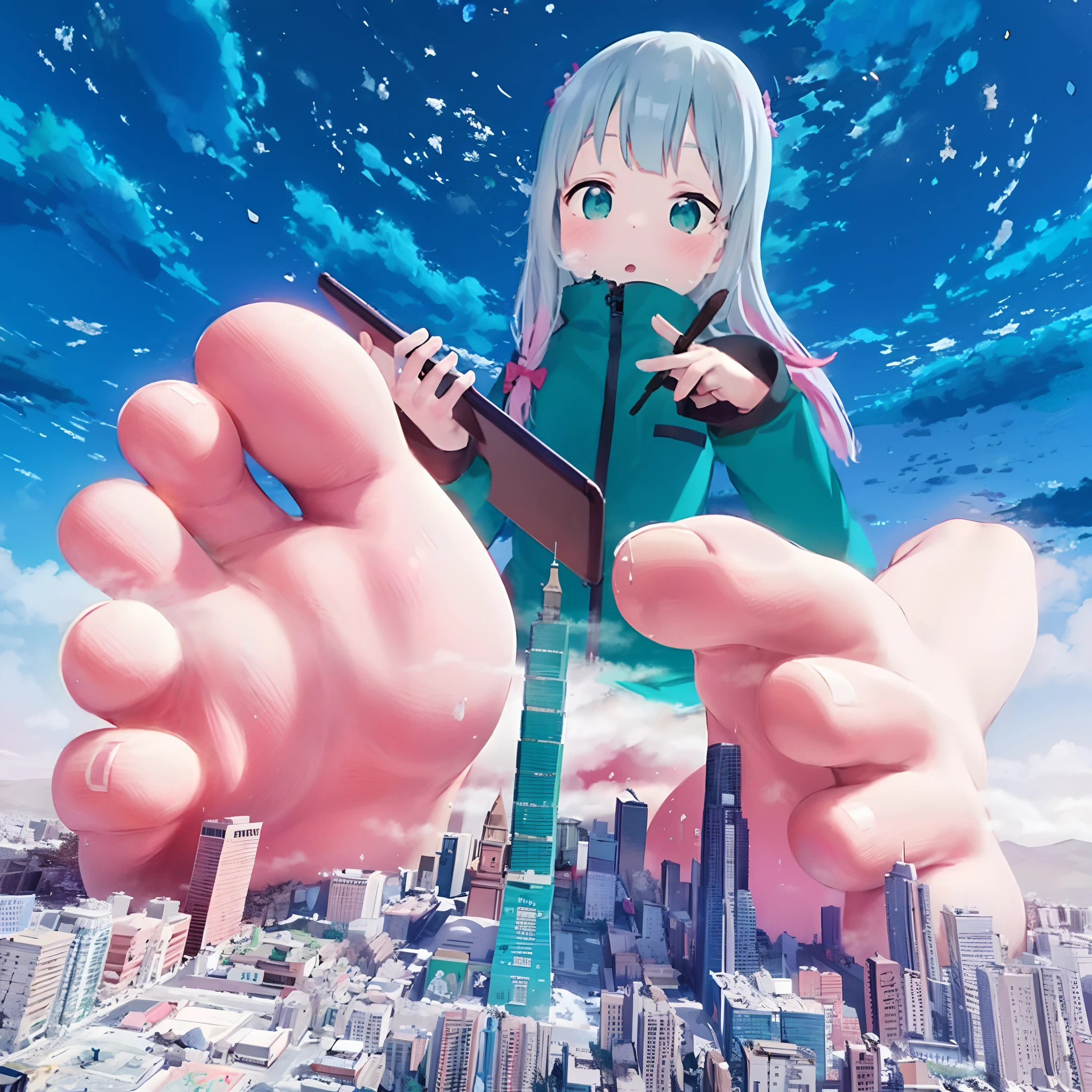 1girll, Jacket,，Clouds， view over city， mountain ranges， Masterpiece, Best quality, Highly detailed,Masterpiece,Best quality,offcial art,Extremely detailed Cg Unity 8K wallpaper，{{{Giantess}}}，Giant，1girll，modern miniature city，A cold expression，Sit on a modern miniature city，Destroyed buildings，Contact viewers，white  panties，The feet emit steam，Smash the city，