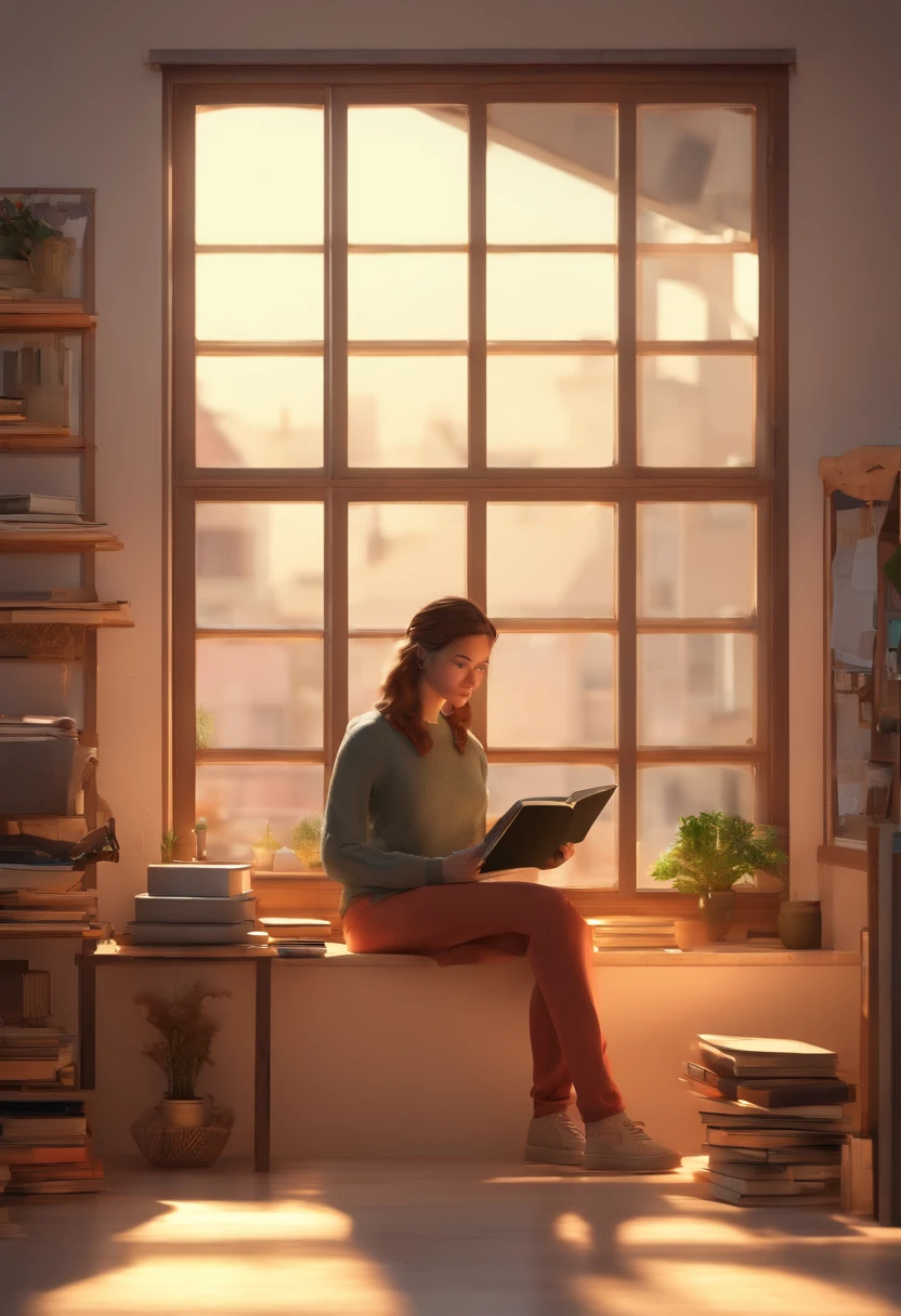 A student is sitting reading by the window ( It was dawn )