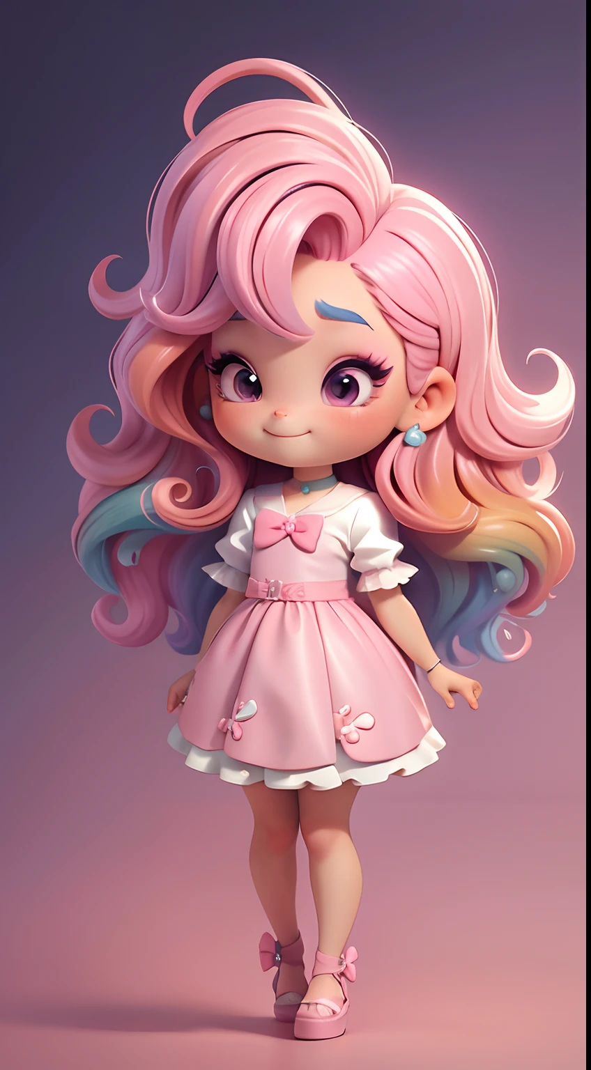 Uma menina chibi, vestido rosa, cabelos grandes, Rainbow hair colors, sapatilhas, pink hair bow, Glitter, sorrir,