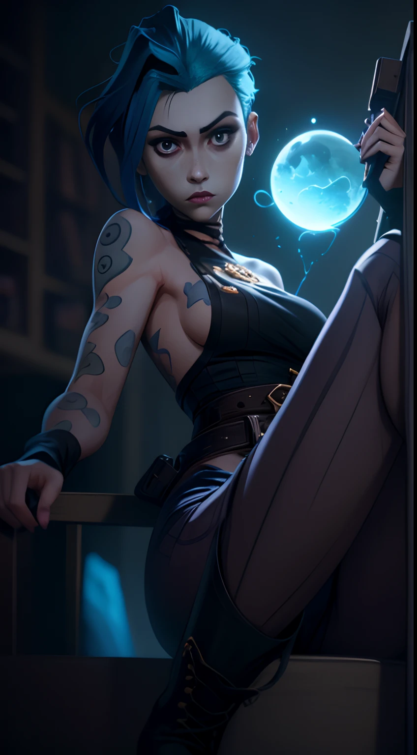 Jinx's character design, sexypose, Beautiful figure, Arcane's Jinx, Holding a sparkling and glowing box in his hands, Bright blue and purple sparks all around, glowing eyes, Pink glowing eyes, hairlong, hairsh, braided into long braids, Pigtails hang below the knee, Hair color changes from bright blue to navy blue, Dressed in brown breeches, Leather boots on the feet, Top with four gold circles on the chest in the middle of the chest, Blue cloud tattoos on shoulders and waist, Long bangs, hanging on the right side, Belt with cartridges on the belt, Arcane style, extremely detailed CG unity 8k wallpaper, detailed light, Cinematic lighting, chromatic aberration, glittering, expressionless, epic composition, dark in the background, Cherecter Desing, Very detailed, Detailed body, Vibrants, Detailed Face, sharp-focus, anime art, Vibrants, Detailed Face, Hugh Details, sharp-focus, Very drooping face, A detailed eye, super fine illustration, better shadow, finely detail, Beautiful detailed glow, Beautiful detailed, Extremely detailed, expressionless, epic composition,