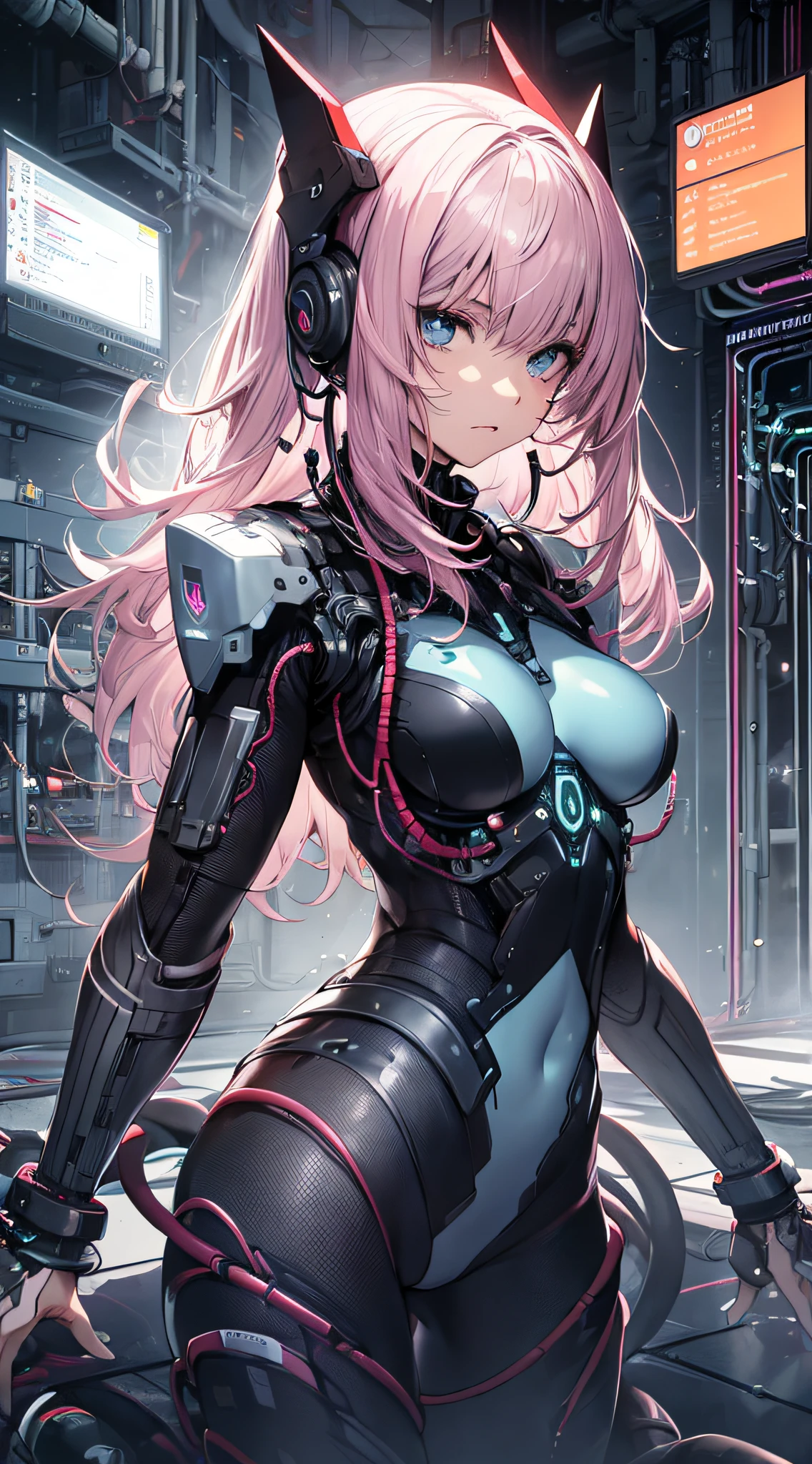 top-quality、Top image quality、masterpiece、girl with((18year old、cyborgs、Whole body mechanics、Metallic body、Best Bust、Medium bust、Long pink hair、Light blue eyes、Rear power cable、deadpan、cables、Breasts wide open))hiquality、Beautiful Art、Background with(Computer mass、Fog on the floor,Human-sized capsule,Cyber House)),masutepiece、Elaborate design、visualart、depth of fields、The best lighting、highestdetailed、low angles