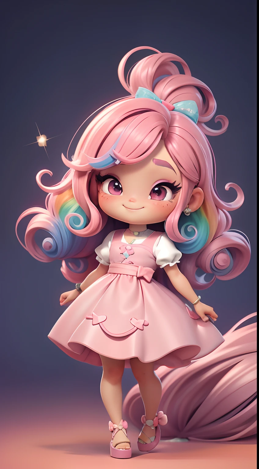 Uma chibi, vestido rosa, cabelos grandes, Rainbow hair colors, sapatilhas, pink hair bow, Glitter, sorrir,