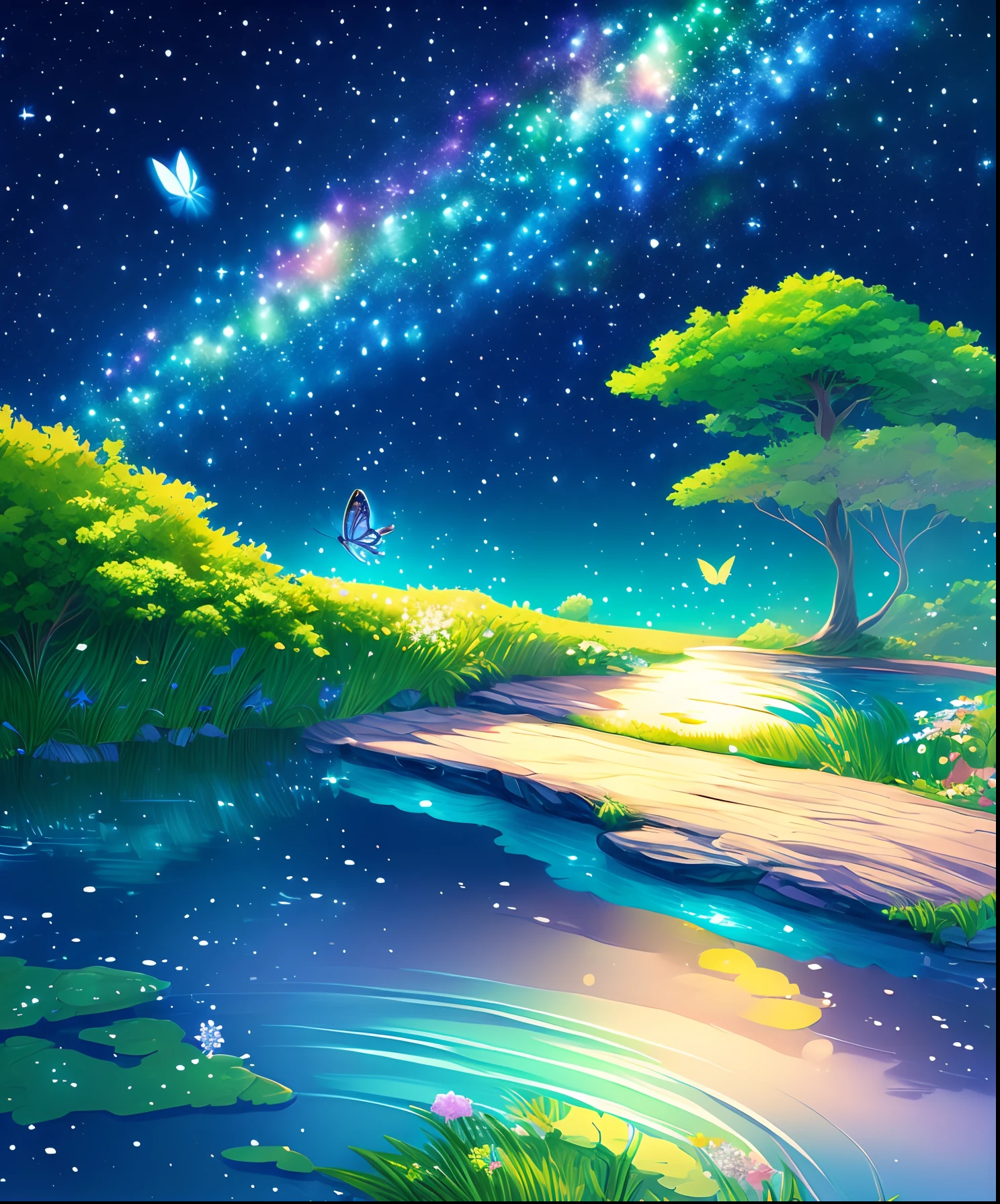 Cute girl characters、Green grass々Drawing a butterfly flying over the water, Looking up at the starry sky. Surround her with colorful nebulae and colorful forests.