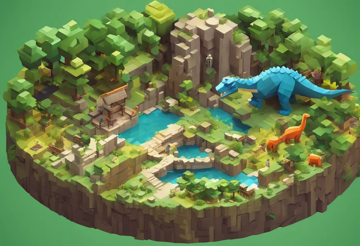 (Best quality, fantasy, isometry, voxels art:1.2), Absurd, tree, stone wall, (dinosaurs:1.2),(hunters:1.2)