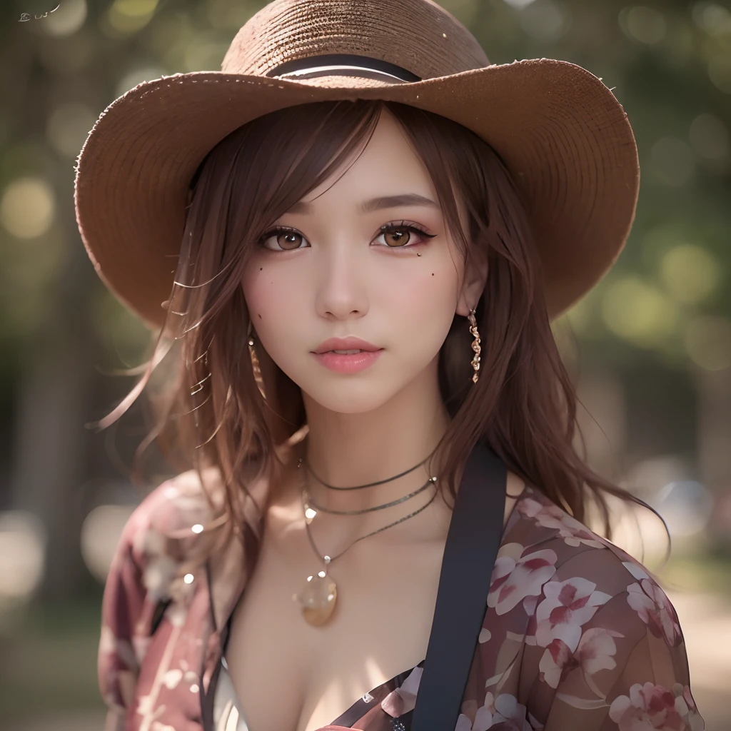 (64k, RAW photo, best quality, masterpiece:1.4), (realistic, photo-realistic:1.3), (20 years old), (1girl:1.5), (medium breasts), show cleavage, Luxurious dresses,  (Insanely intricate cute face and eyes), ((face shot:1.2)), especially strong light, (upper eyes), shiny skin, (dark brown hair, semi-long cut:1.2), (flash:1.2), ((seductive posture:1.2, attractive:1.2)), ((good anatomy: 1.2)), perfect face:1.2, portrait, cowboy shot, close up:1.3, (charming smile), makeup, lipgloss, blush cheeks, Detailed teeth, Detailed mouth, a necklace, piercings, Bracelet, break, (in the park)