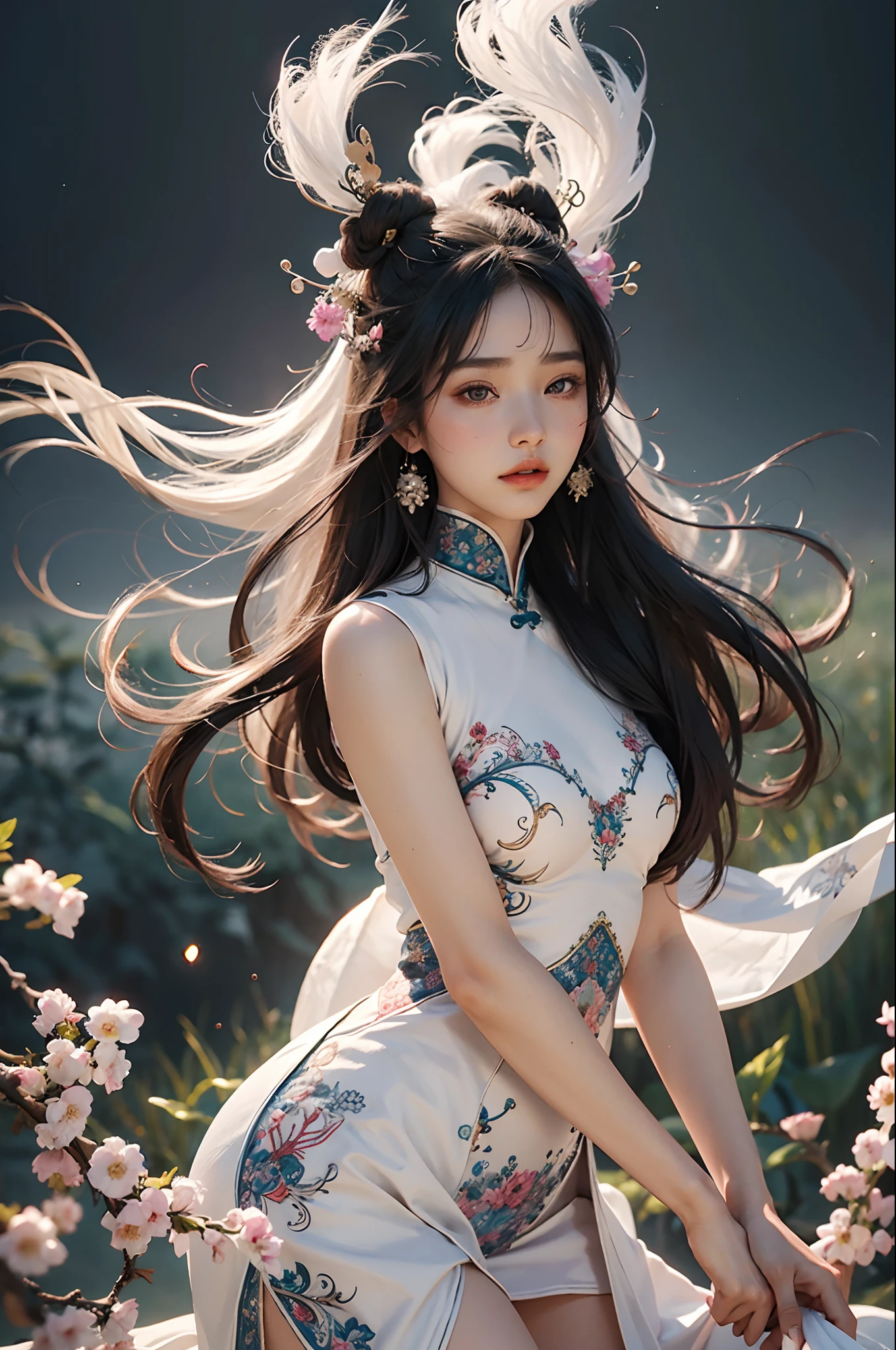 zhongfenghua, 1girl, (full body) solo, hanfu, flower field, blossom, (white smokes:1.3) (photorealistic:1.4), zentangle, mandala, entangle, official art, unity 8k wallpaper, ultra detailed, beautiful and aesthetic, masterpiece,best quality, (dynamic angle:1.4), glowing skin, (floating colorful sparkles:1) the most beautiful form of chaos, elegant, a brutalist designed, vivid colours, romanticism depth of field,