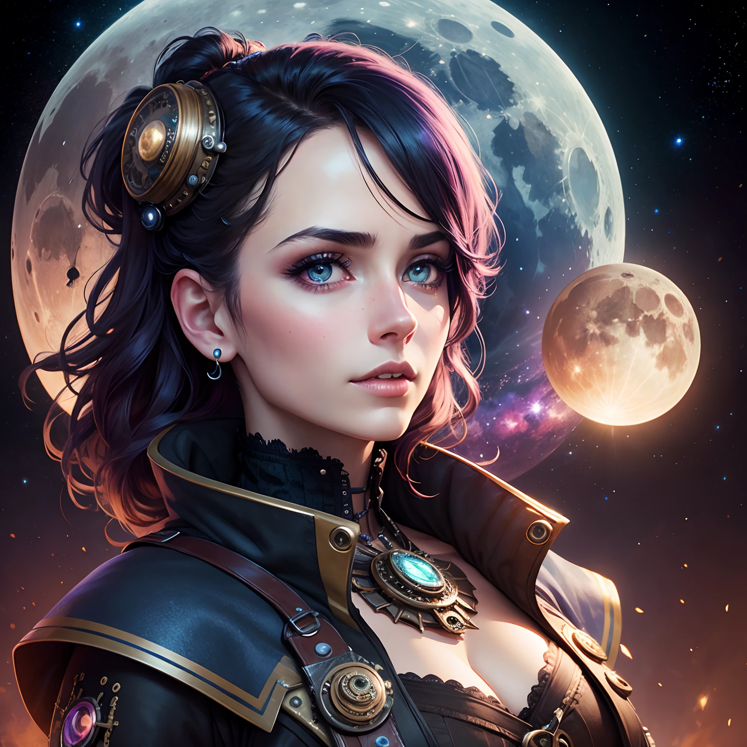 steampunc　a moon　colorful galaxy　photo realistic woman