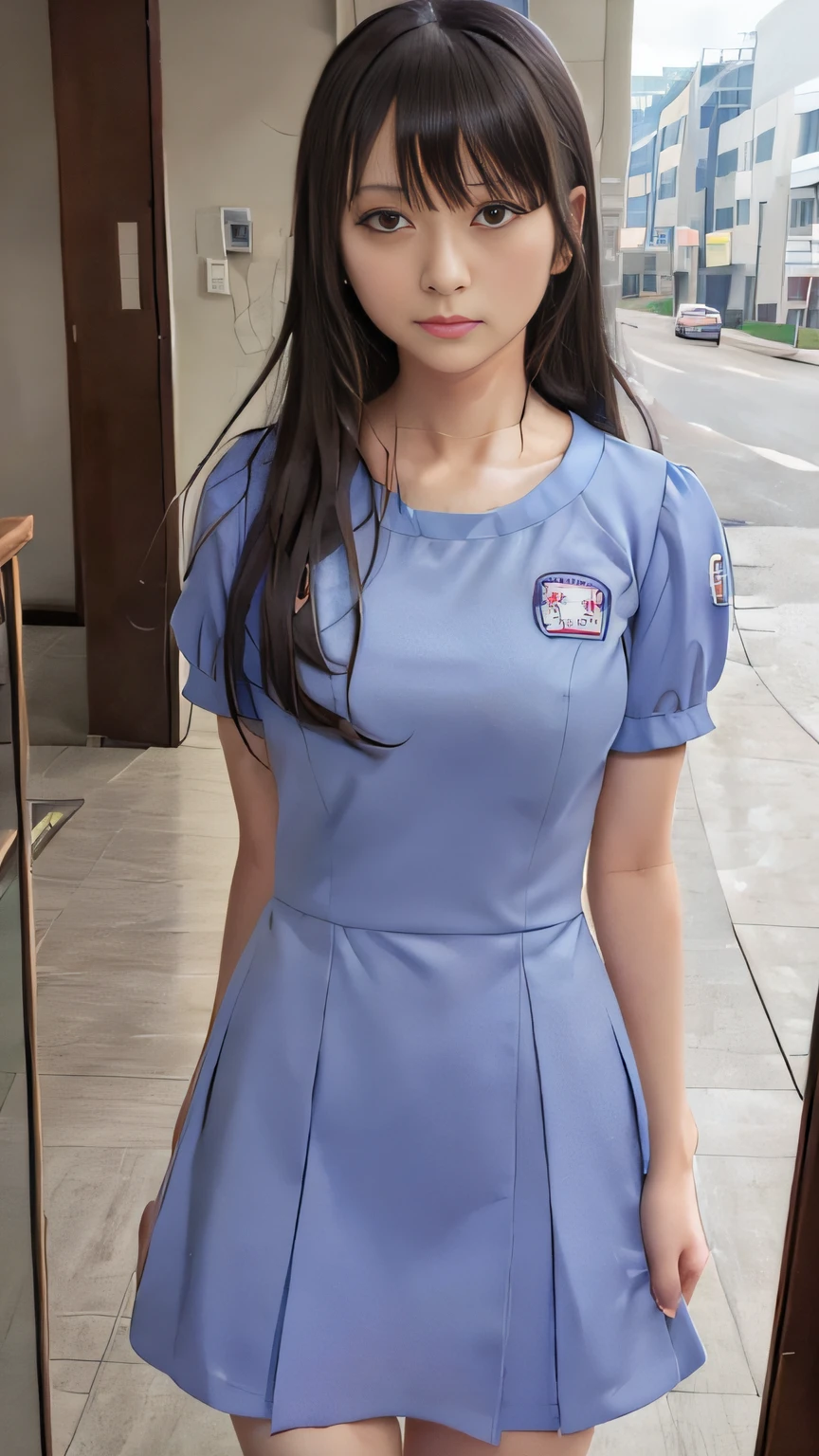 Anime girl in uniform standing in front of a blue sign, iwakura lain, makoto shinka, Makoto, closeup Iwakura Lain, shinkai makoto, JK Uniform, railgun, mao hamaguchi, visual novel cg, makoto kano, nagatoro, hololive, Anime visuals of cute girls