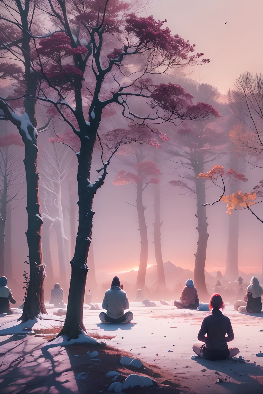 ull white scenery of people meditating, sunrise morning, trees, mountains, black background, slhoutte
